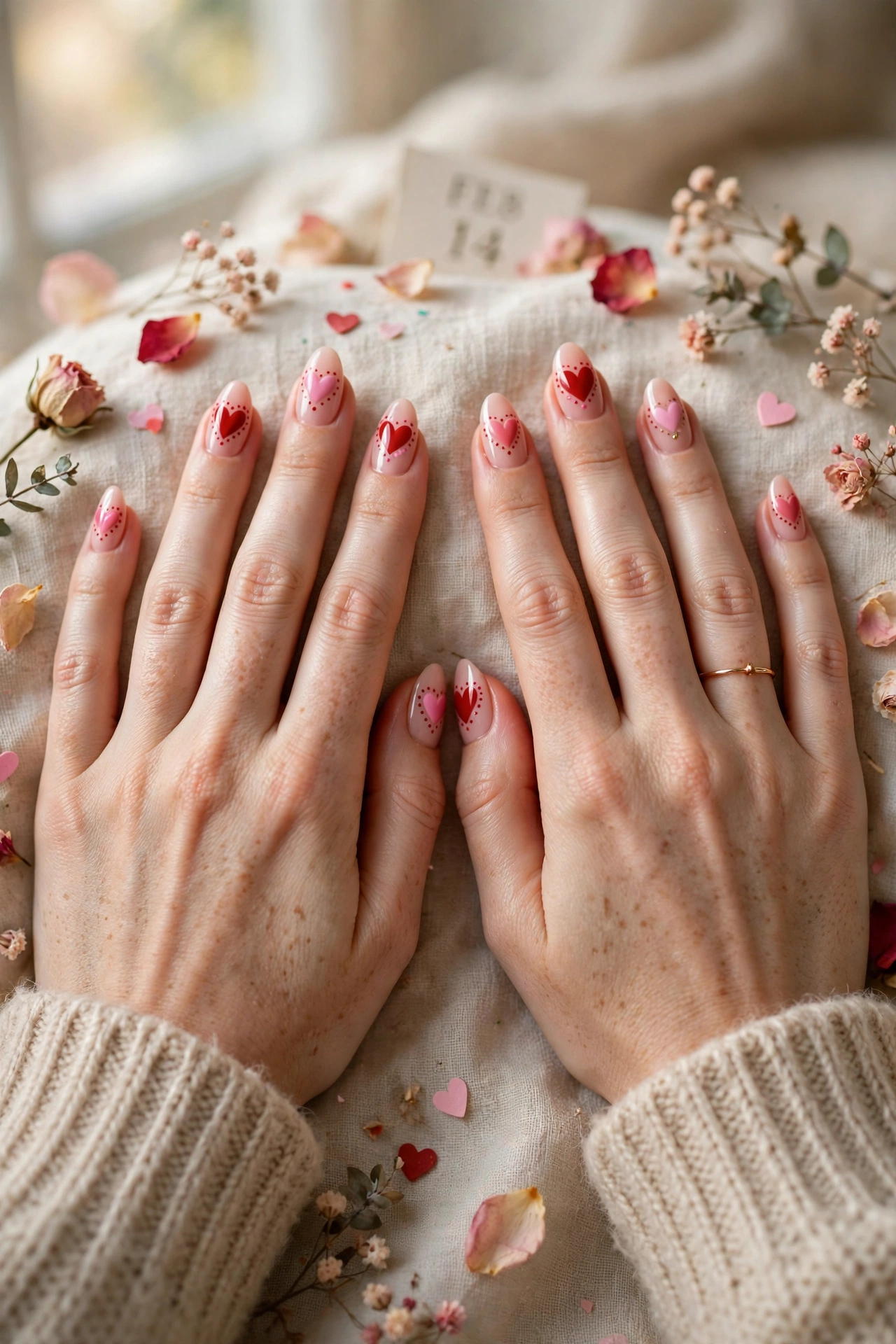 Scarlet and Pink Red and Pink Heart Nail Designs in Almond Shape with a Minimal Dot Detail