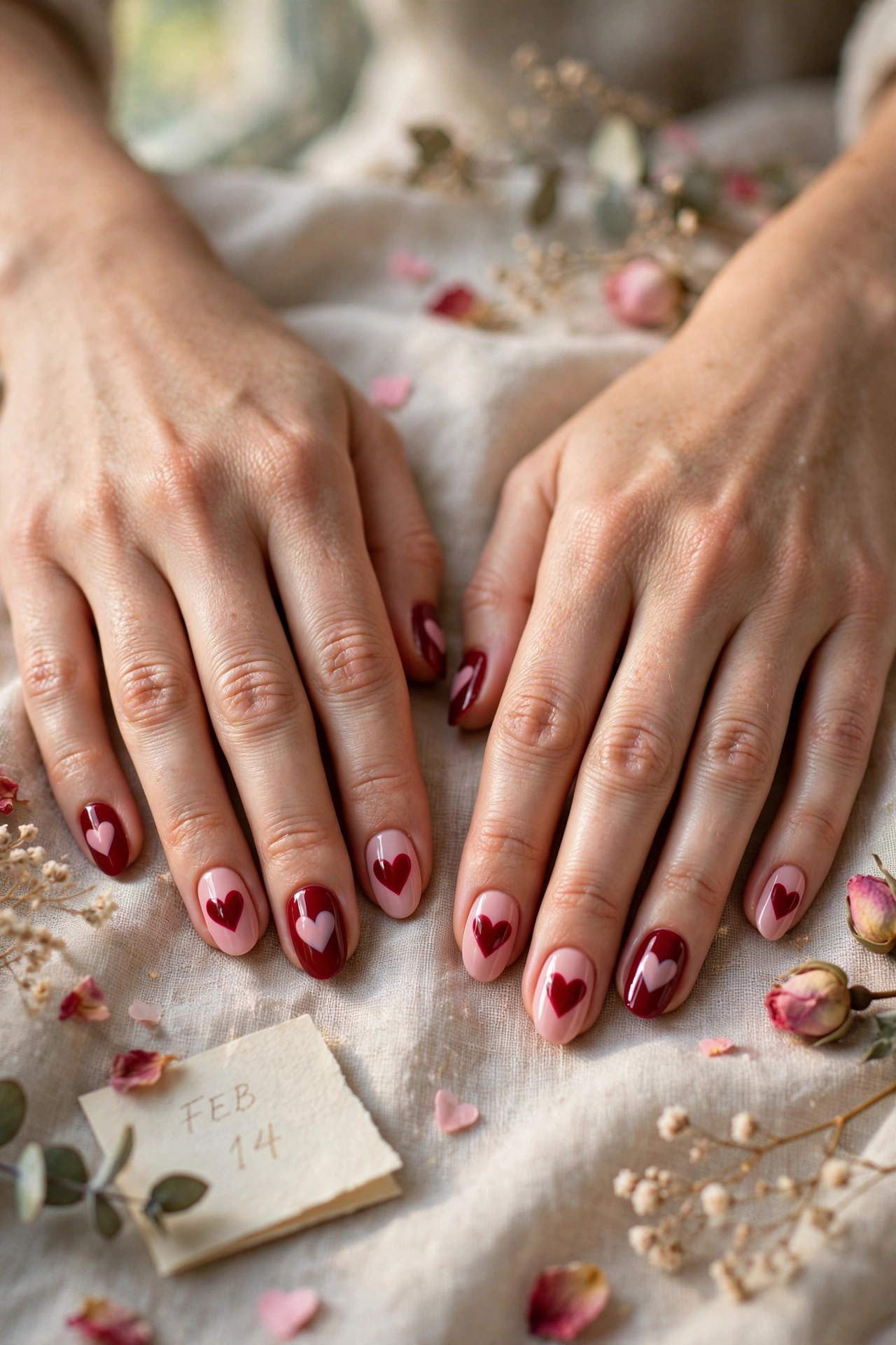 Deep Red and Soft Pink Red and Pink Heart Nail Designs in Oval Shape with a Two-Tone Finish