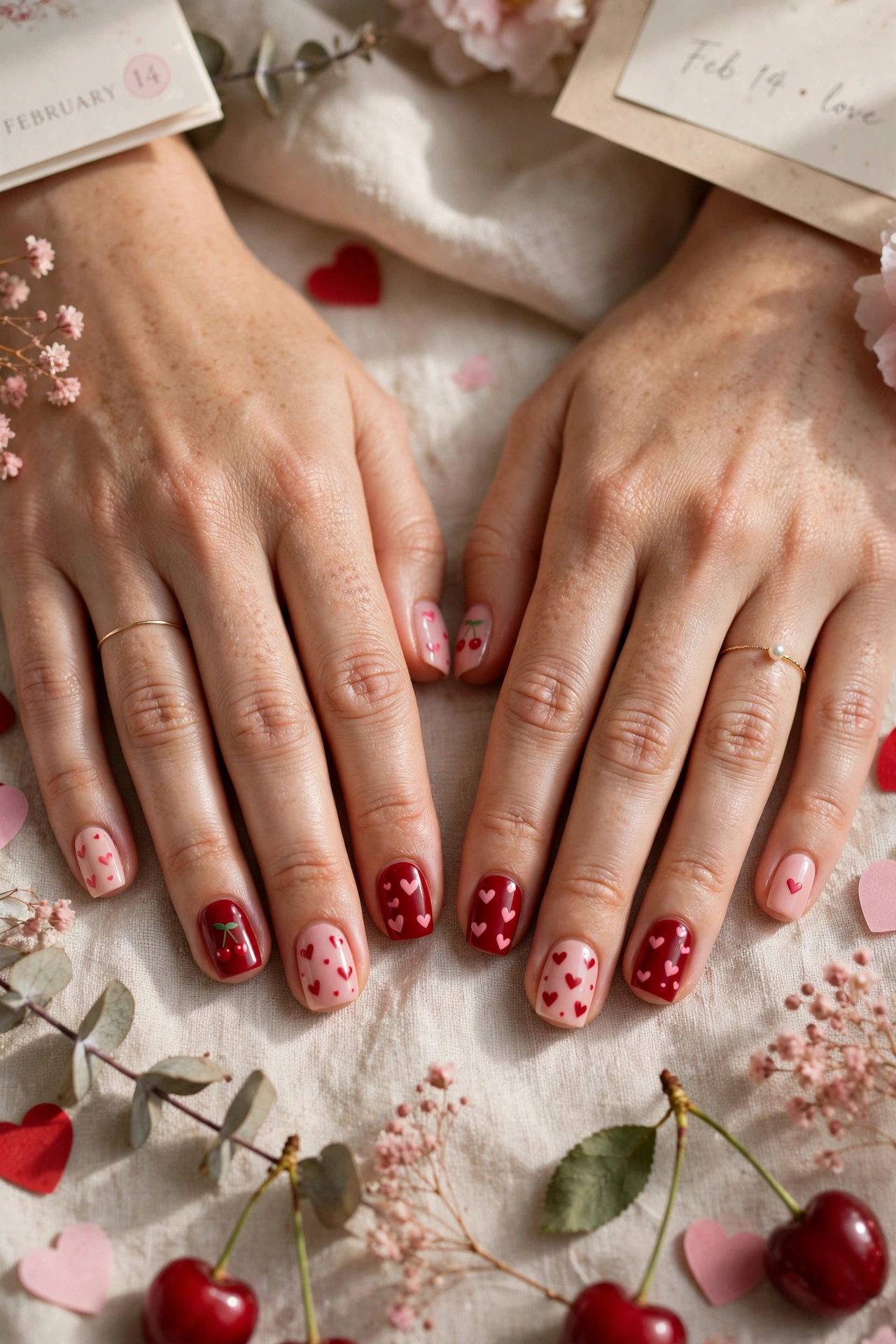 Cherry and Blush Red and Pink Heart Nail Designs in Short Square Shape with a Tiny Heart on the Accent Nail