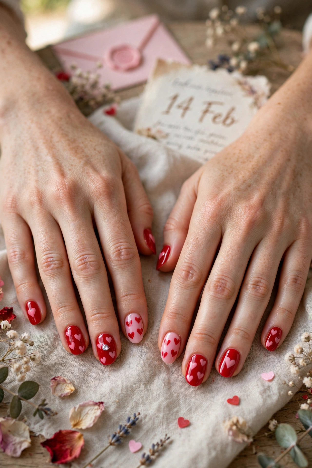 Scarlet and Pink Red and Pink Heart Nail Designs in Round Shape with a Tiny Crystal on the Ring Finger