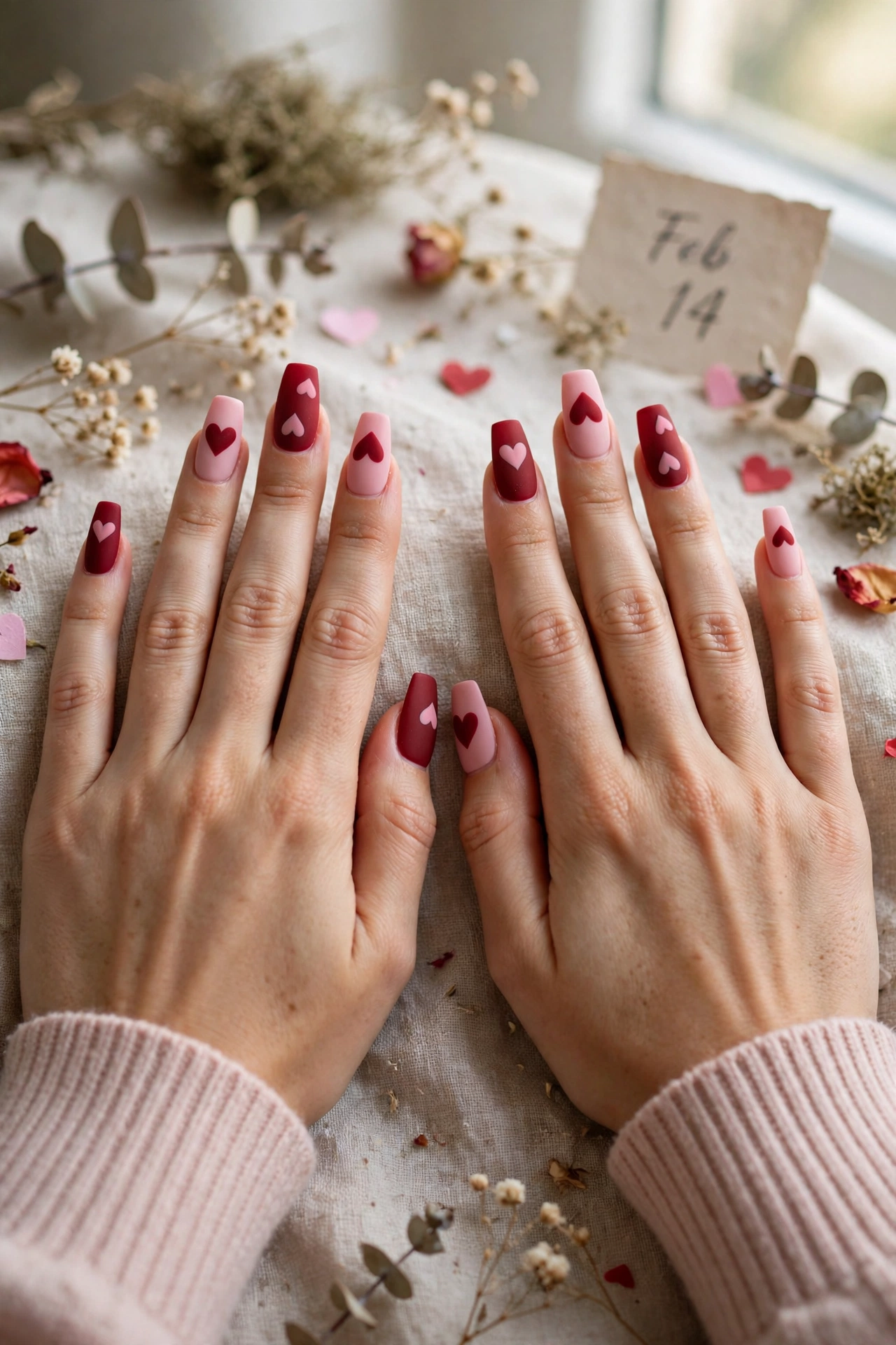 Deep Red and Soft Pink Red and Pink Heart Nail Designs in Coffin Shape with a Matte Top Coat