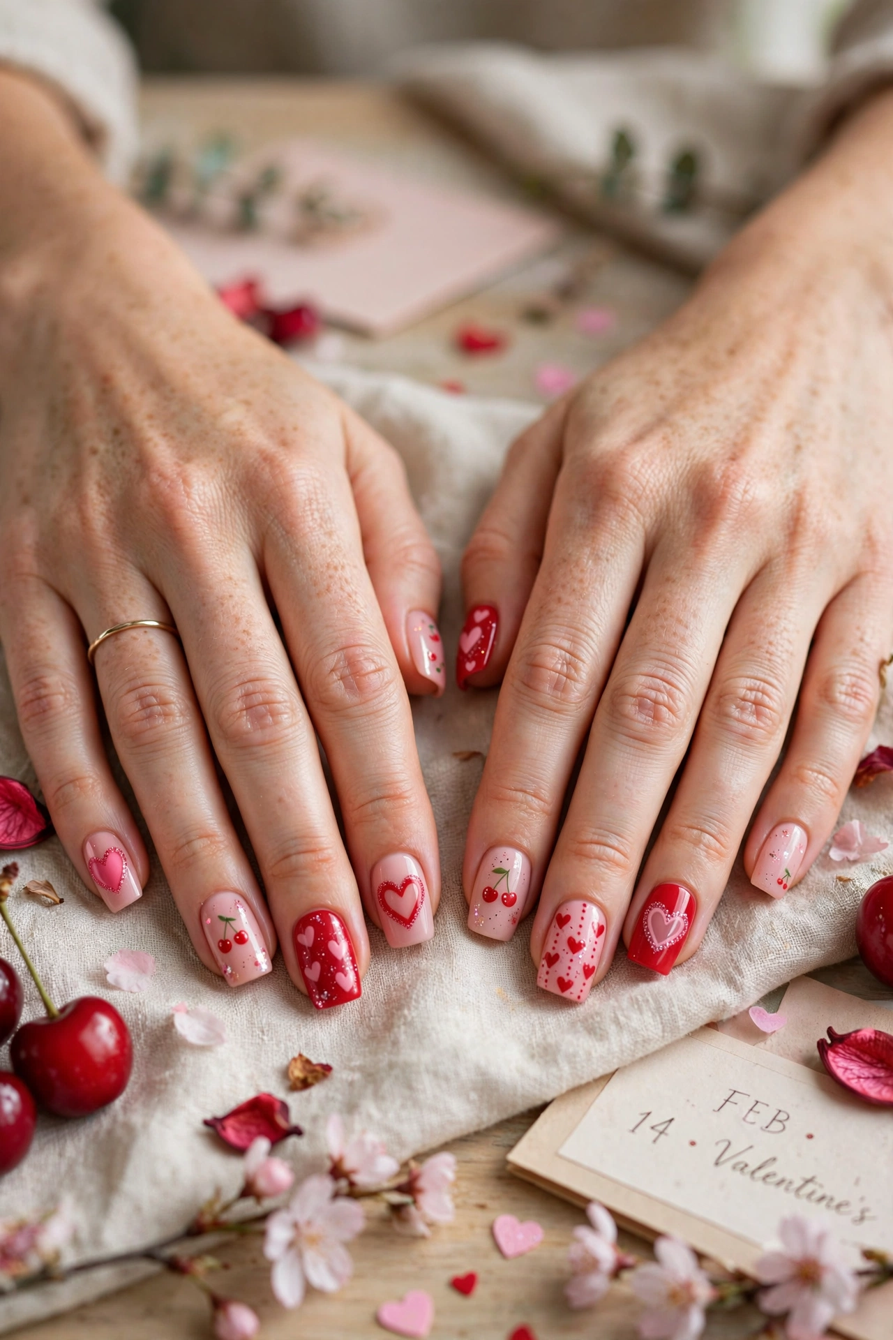 Cherry and Blush Red and Pink Heart Nail Designs in Squoval Shape with a Subtle Glitter Accent