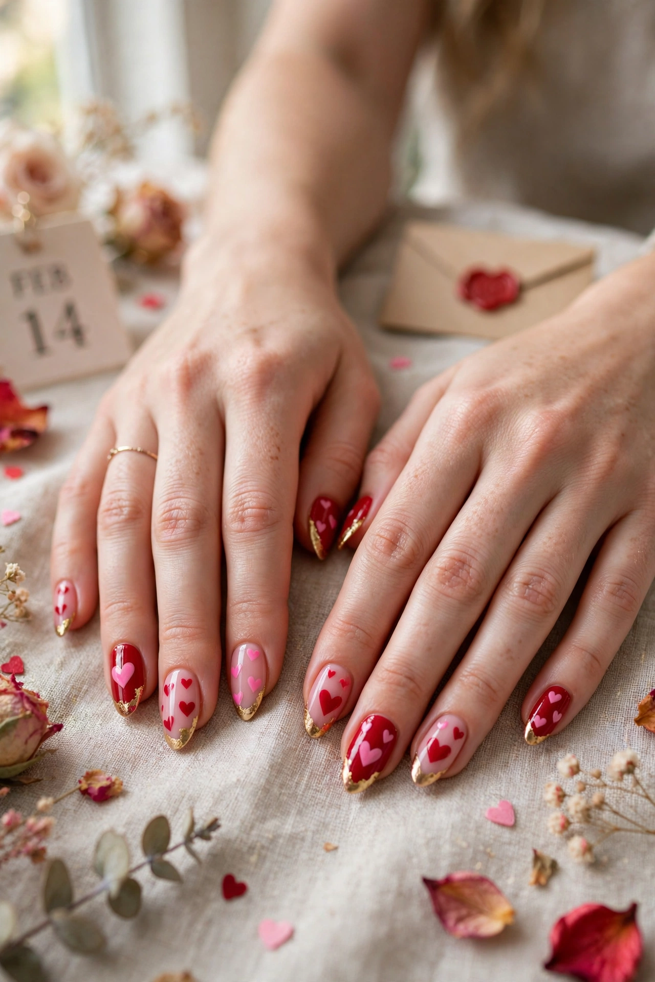 Scarlet and Pink Red and Pink Heart Nail Designs in Almond Shape with a Gold Foil Tip