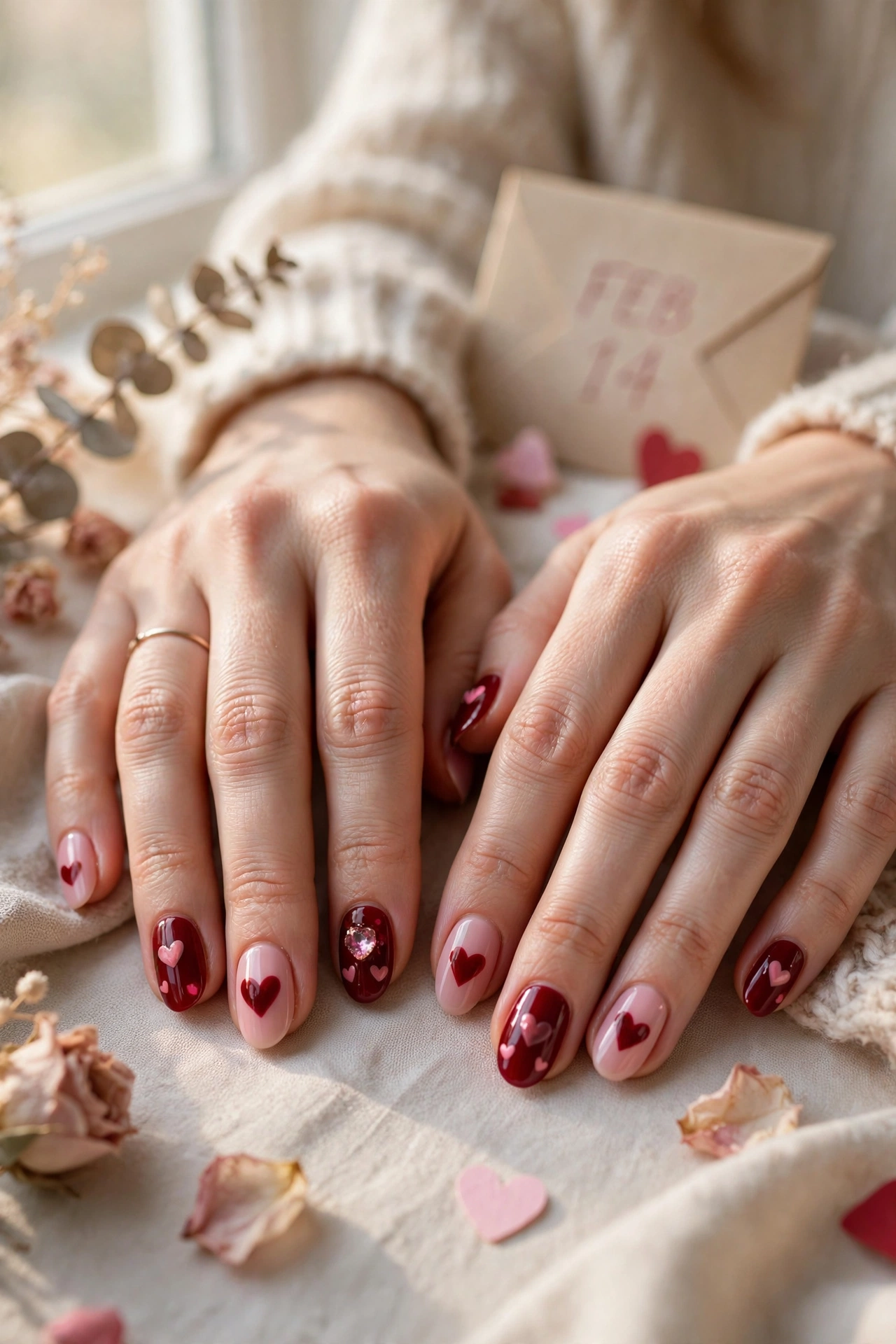 Deep Red and Soft Pink Red and Pink Heart Nail Designs in Oval Shape with a Jewel Accent on One Nail