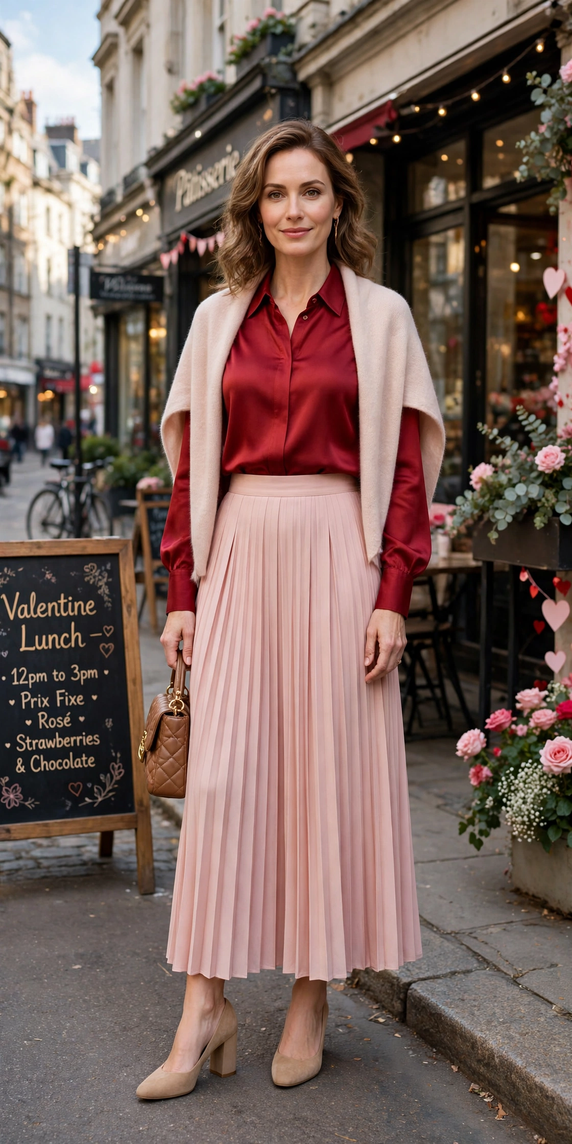 Ruby blouse and pleated skirt outfit with comfortable block heels and a cashmere wrap