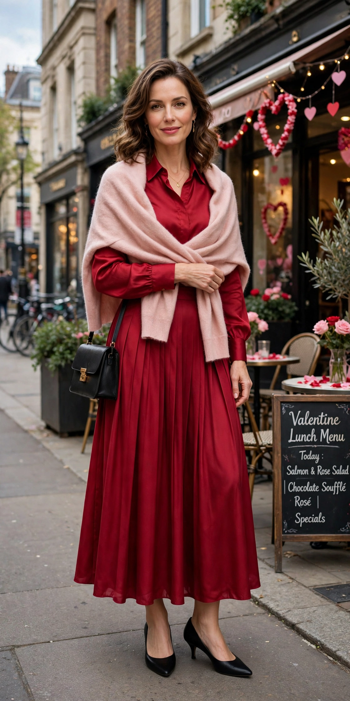 Ruby blouse and full skirt outfit with kitten heels and a cashmere wrap