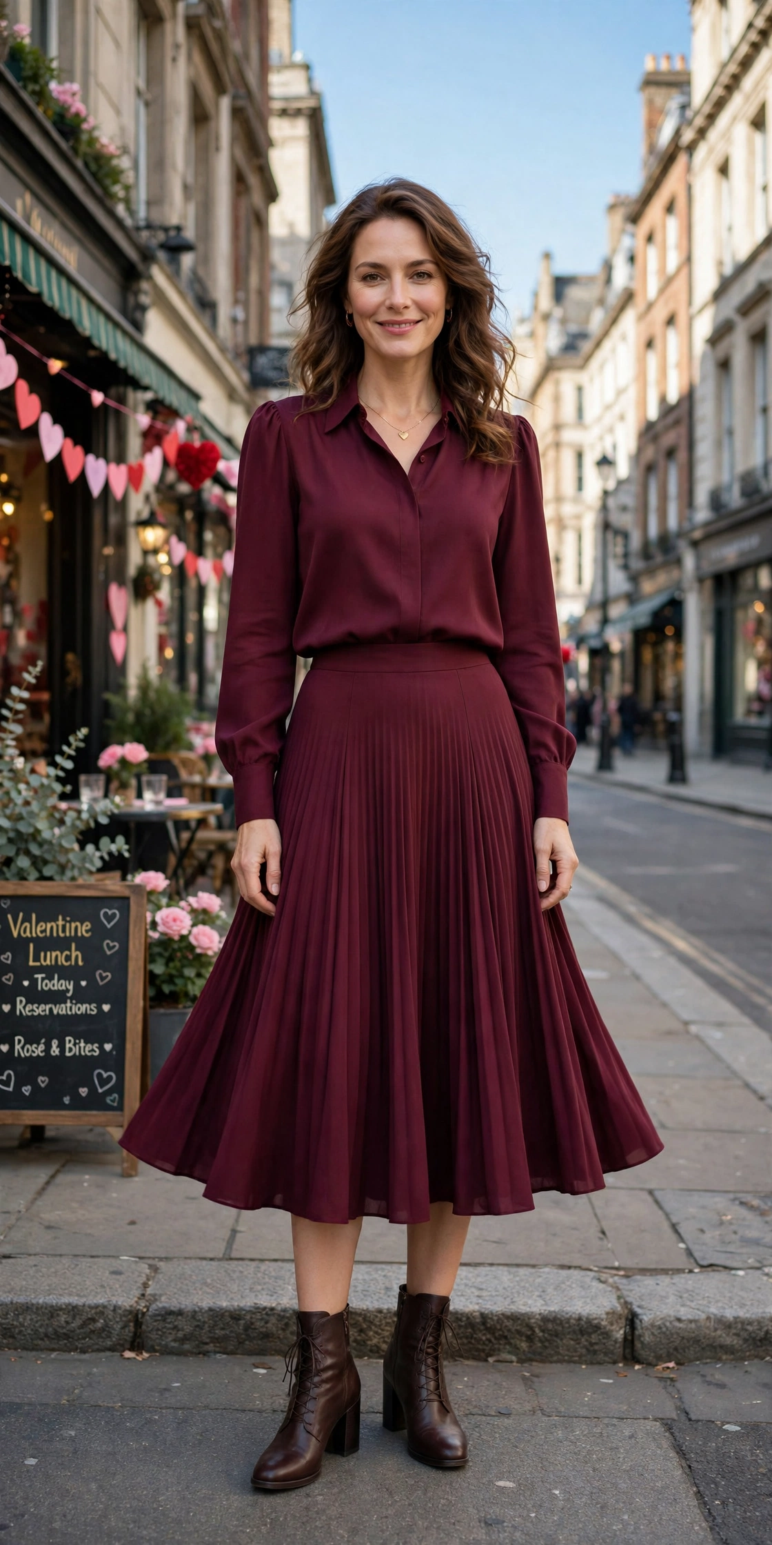 Wine blouse and flared skirt outfit with block-heel ankle boots and a delicate gold necklace