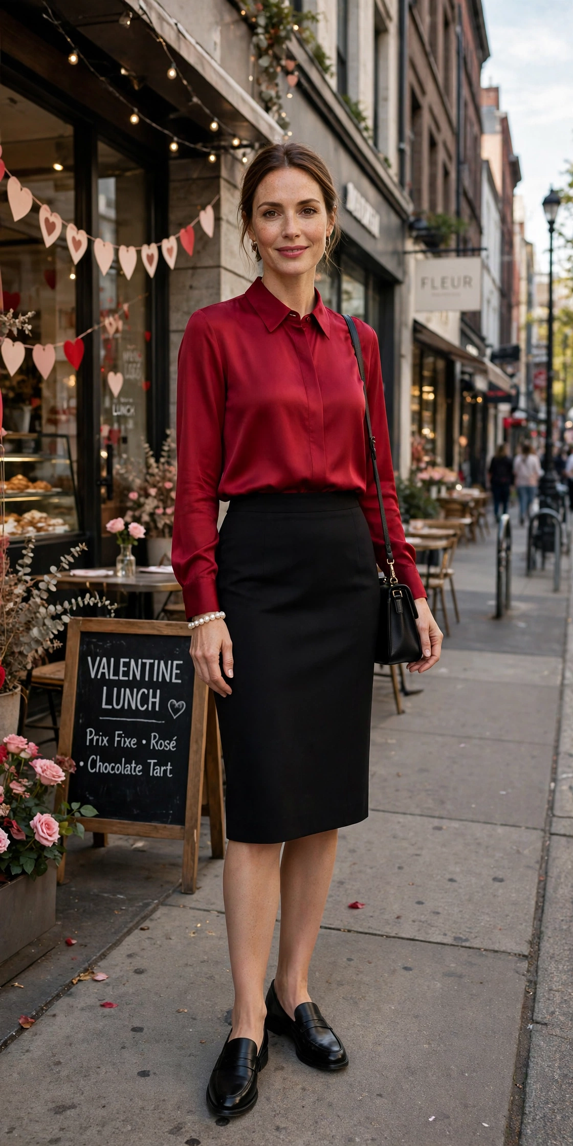 Ruby blouse and pencil skirt outfit with smart loafers and a pearl bracelet