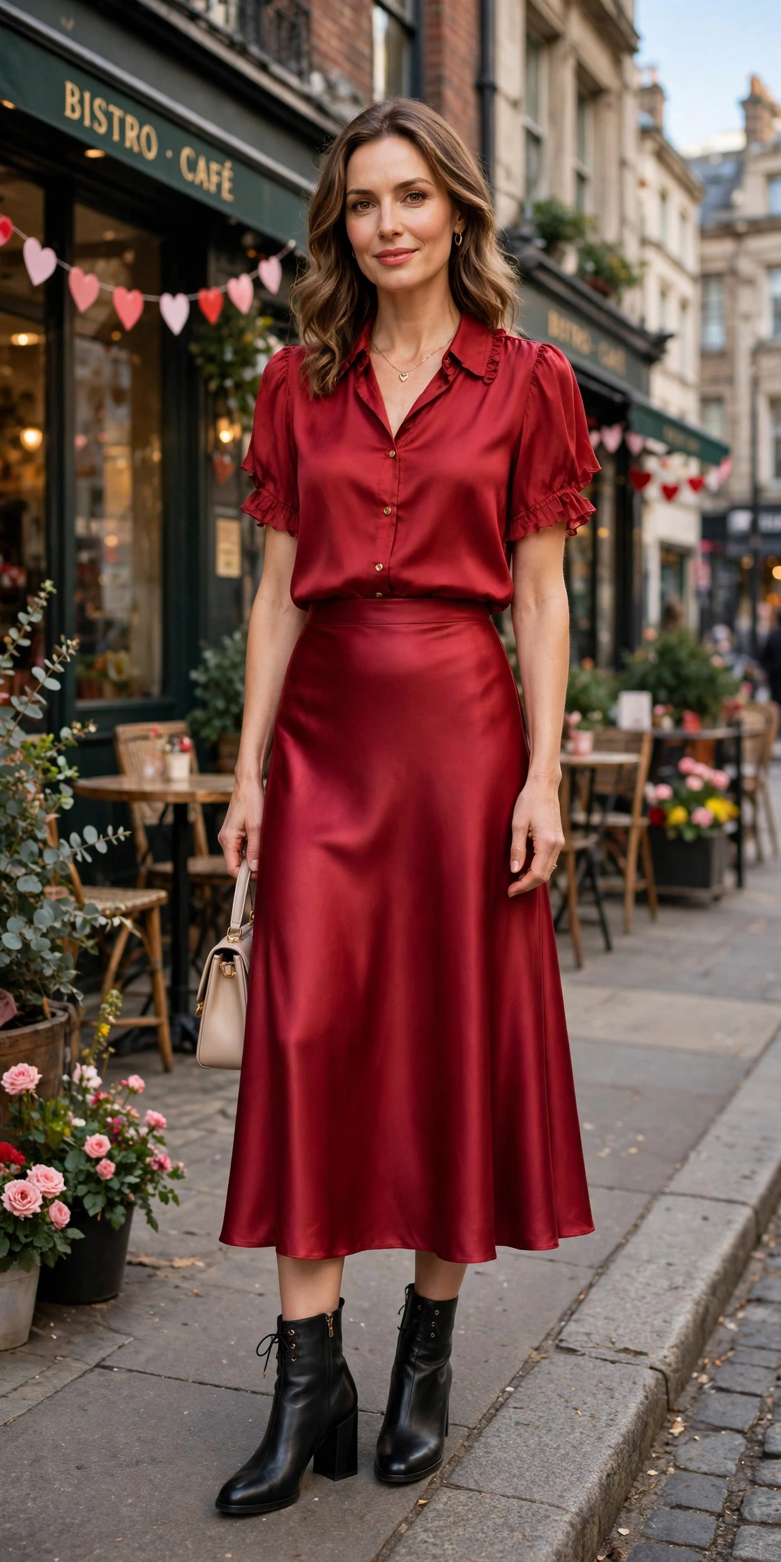 Cherry blouse and satin skirt outfit with block-heel ankle boots and a delicate gold necklace