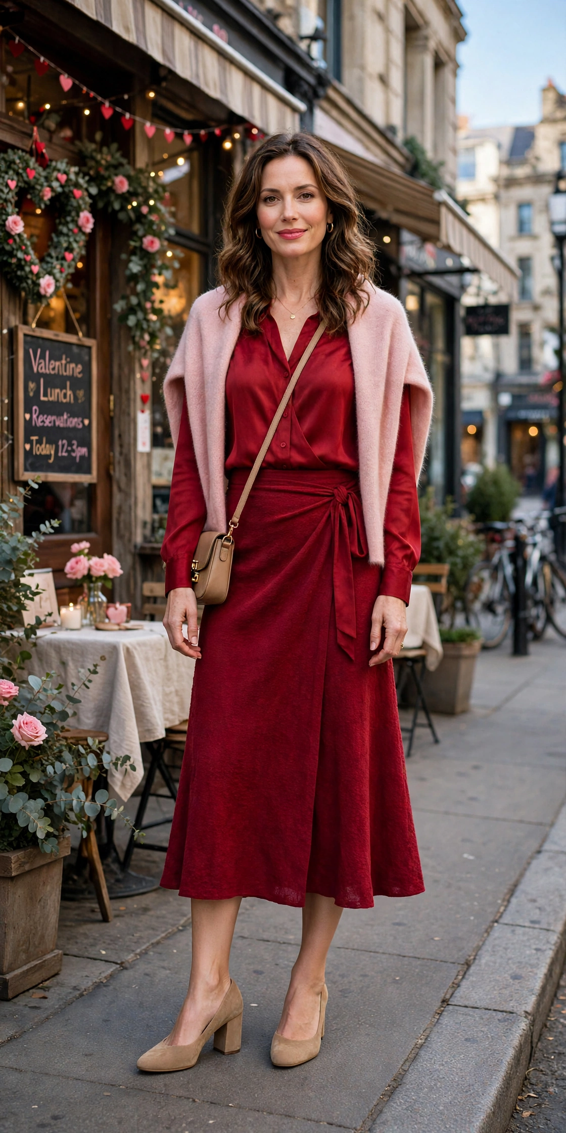 Crimson blouse and wrap skirt outfit with comfortable block heels and a cashmere wrap