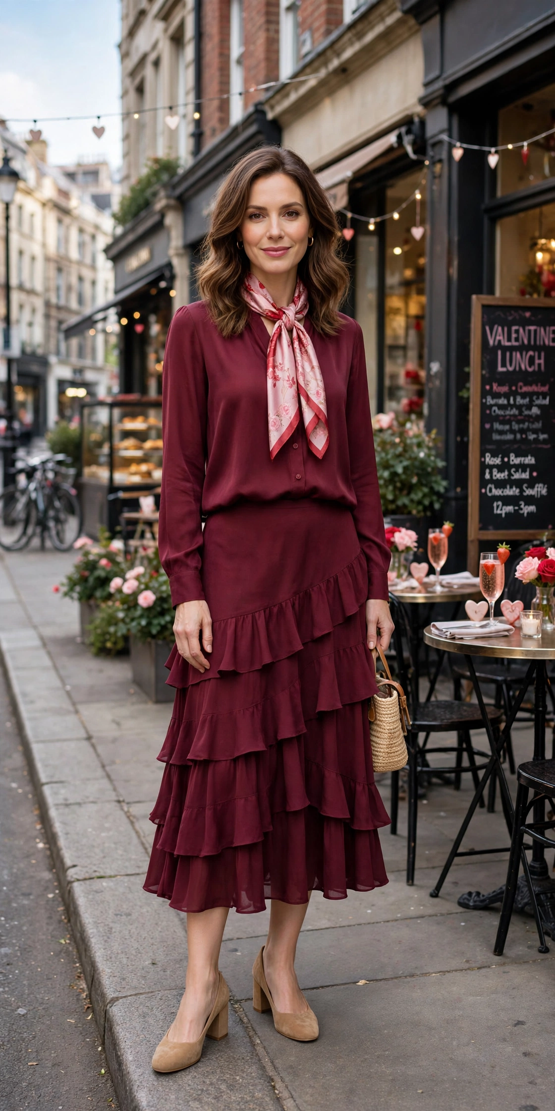 Burgundy blouse and tiered skirt outfit with comfortable block heels and a silk scarf