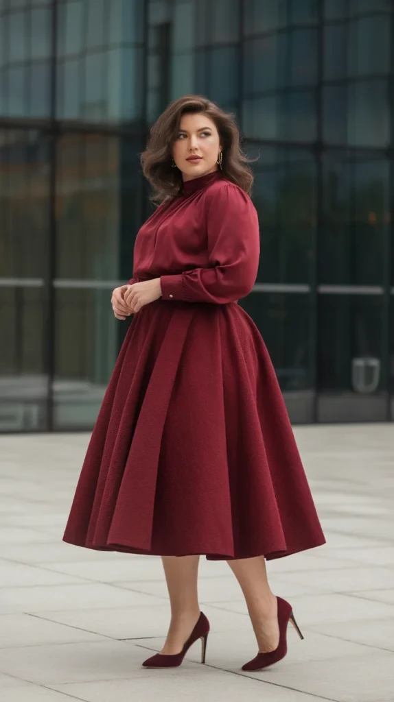 Deep red blouse and A-line skirt outfit with kitten heels and a chic crossbody bag