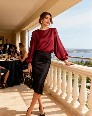Wine blouse and satin skirt outfit with comfortable block heels and a pearl bracelet