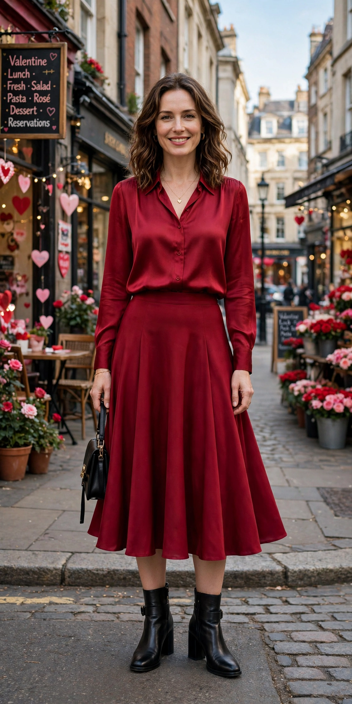 Ruby blouse and flared skirt outfit with block-heel ankle boots and a delicate gold necklace
