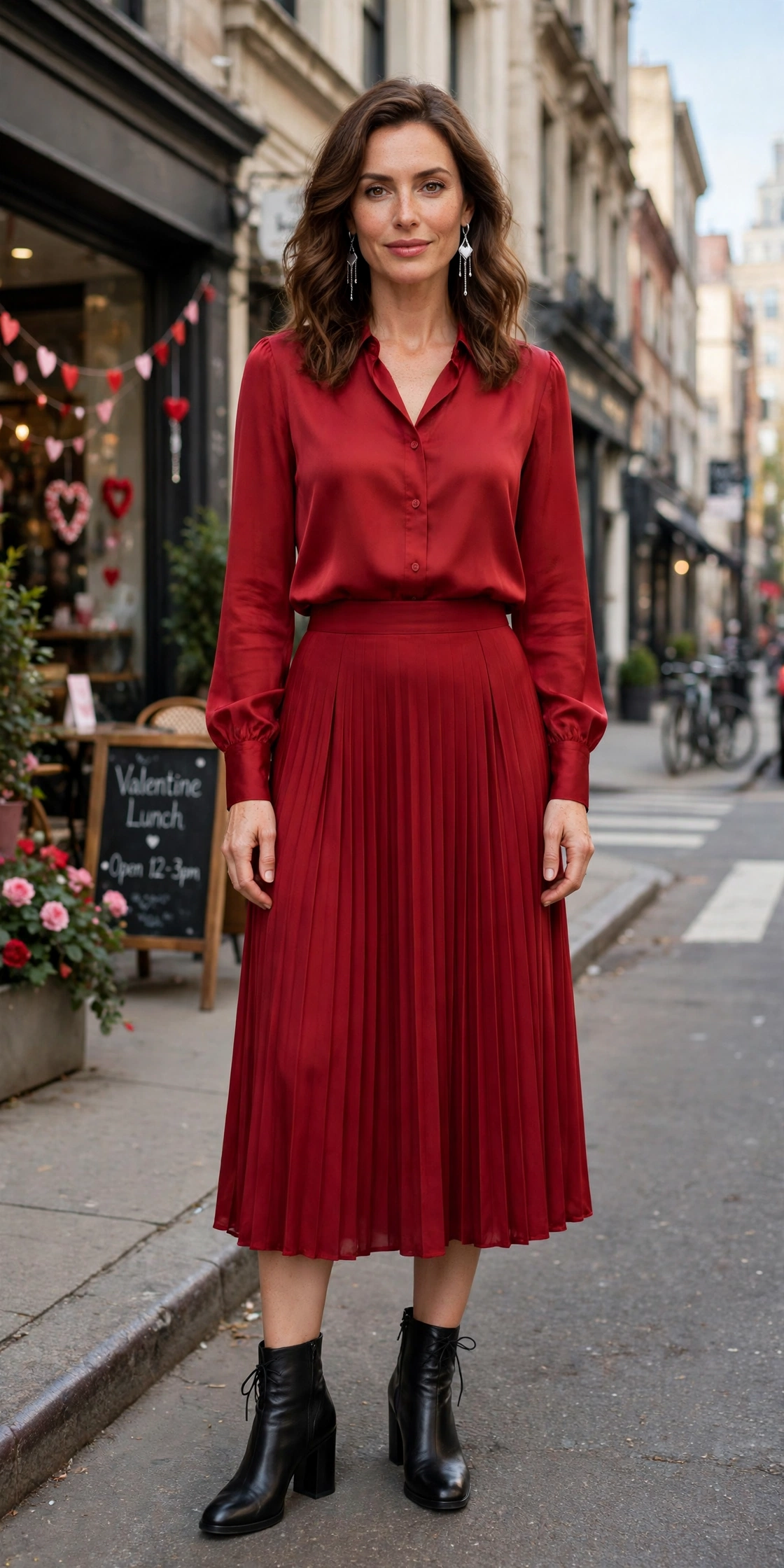 Scarlet blouse and midi skirt outfit with block-heel ankle boots and silver drop earrings