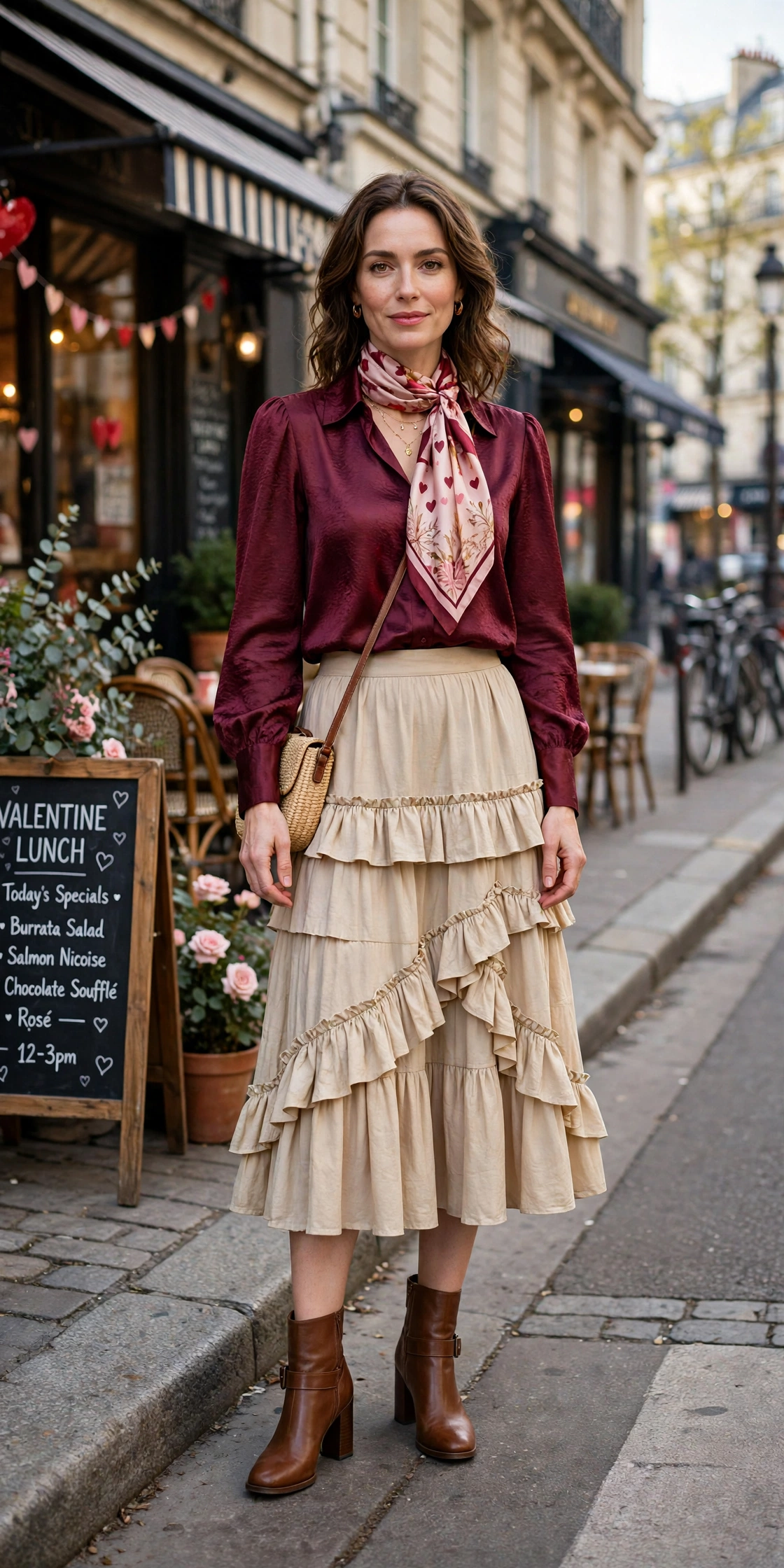 Wine blouse and tiered skirt outfit with block-heel ankle boots and a silk scarf