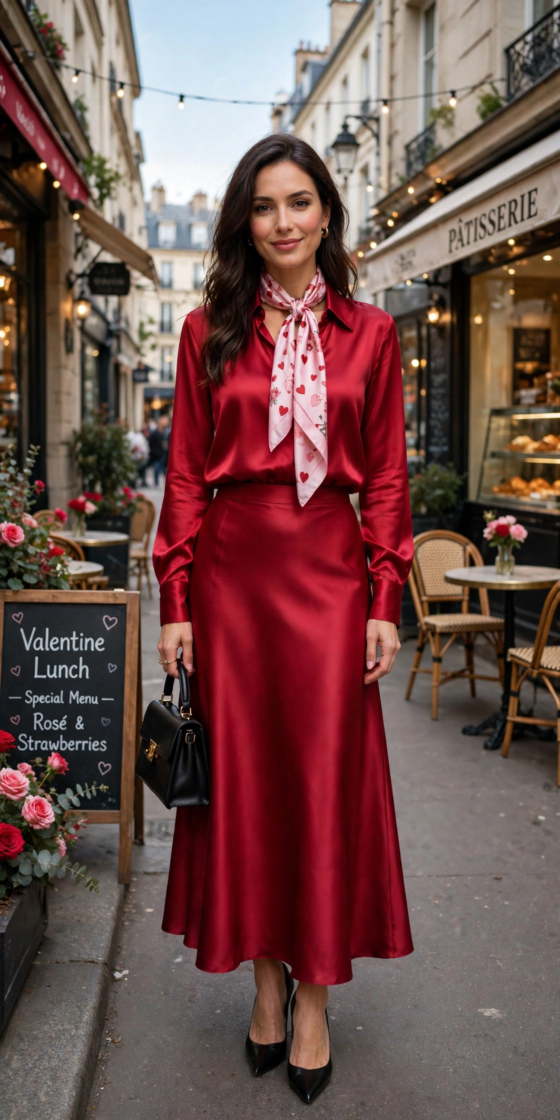 Cherry satin blouse and skirt outfit with black pointed heels and a silk scarf