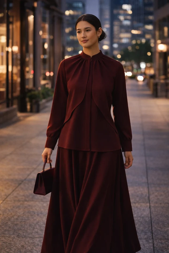 Deep red blouse and midi skirt outfit with low-heeled pumps and a delicate gold necklace