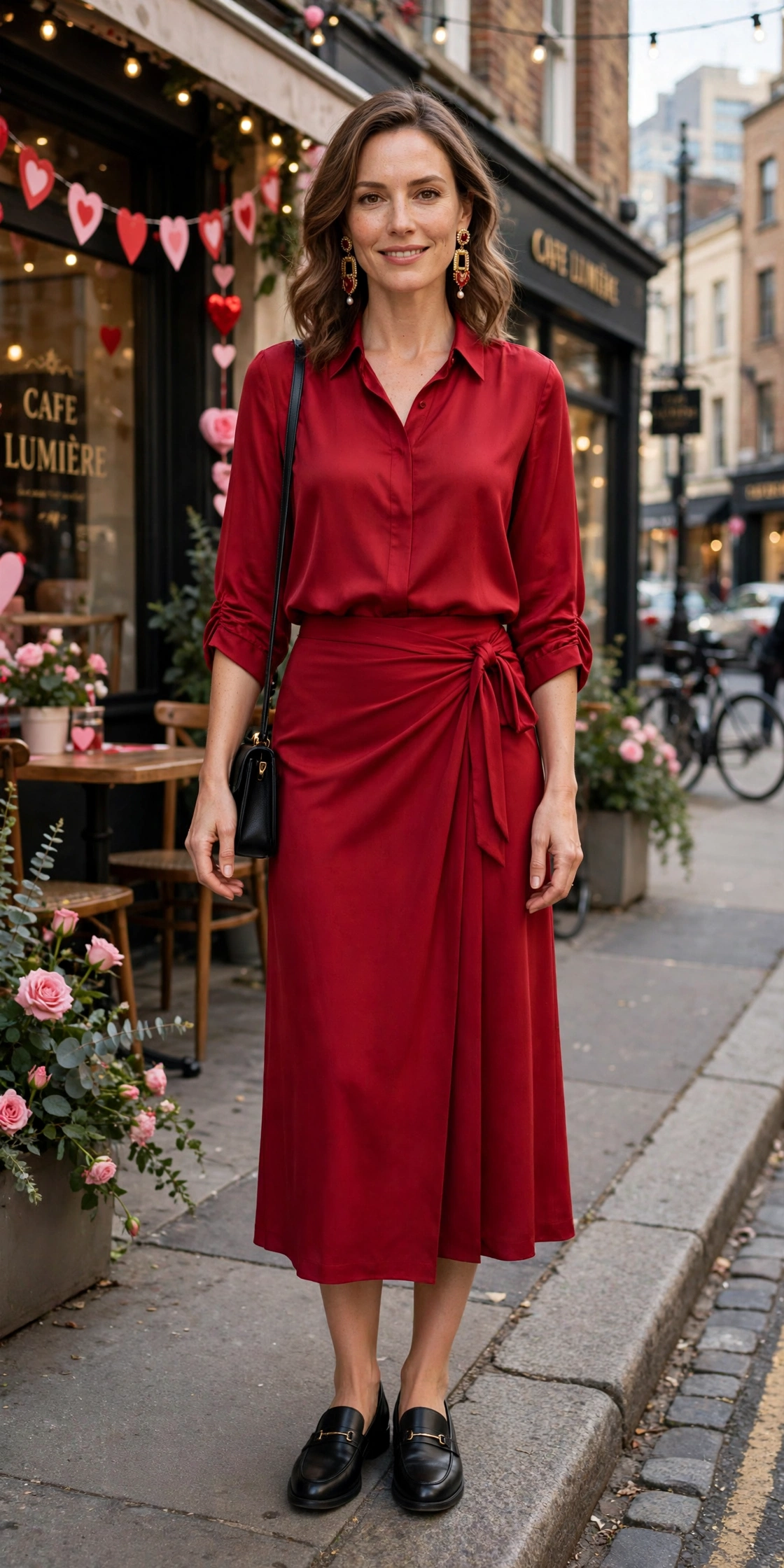 Crimson blouse and wrap skirt outfit with smart loafers and statement earrings