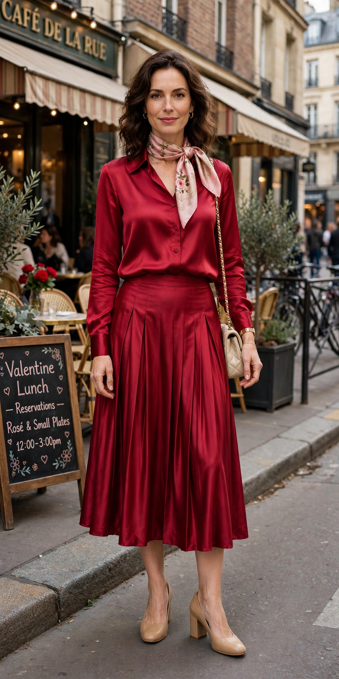 Crimson satin blouse and skirt outfit with comfortable block heels and a silk scarf