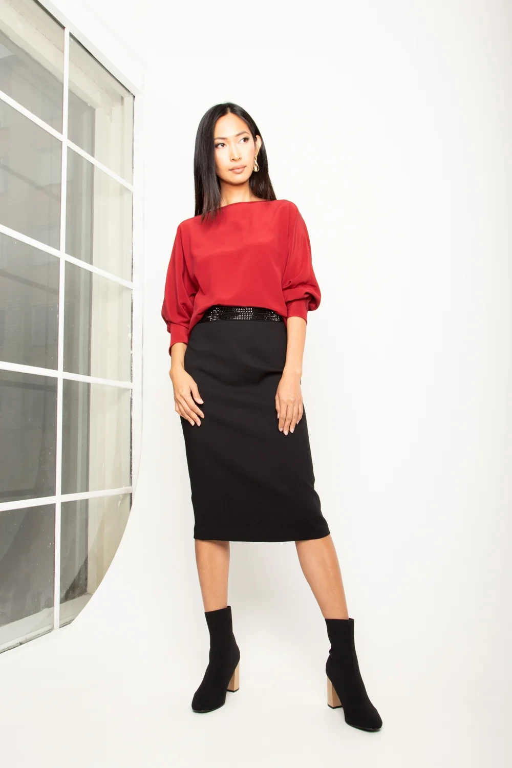 Cherry blouse and straight skirt outfit with block-heel ankle boots and a cashmere wrap