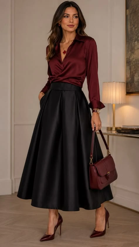 Ruby blouse and A-line skirt outfit with comfortable block heels and a small structured clutch