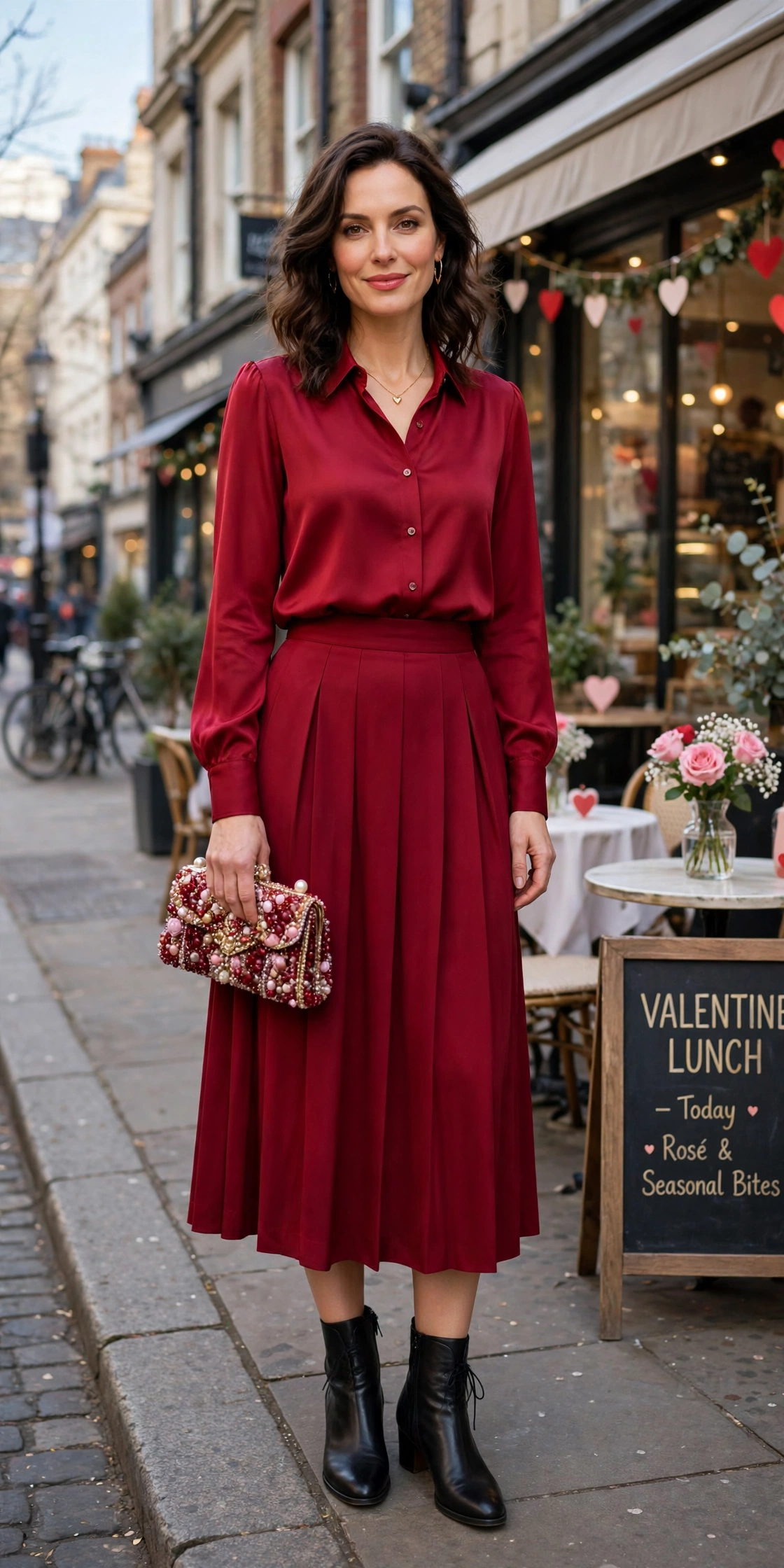 Ruby blouse and pleated skirt outfit with leather ankle boots and a beaded clutch