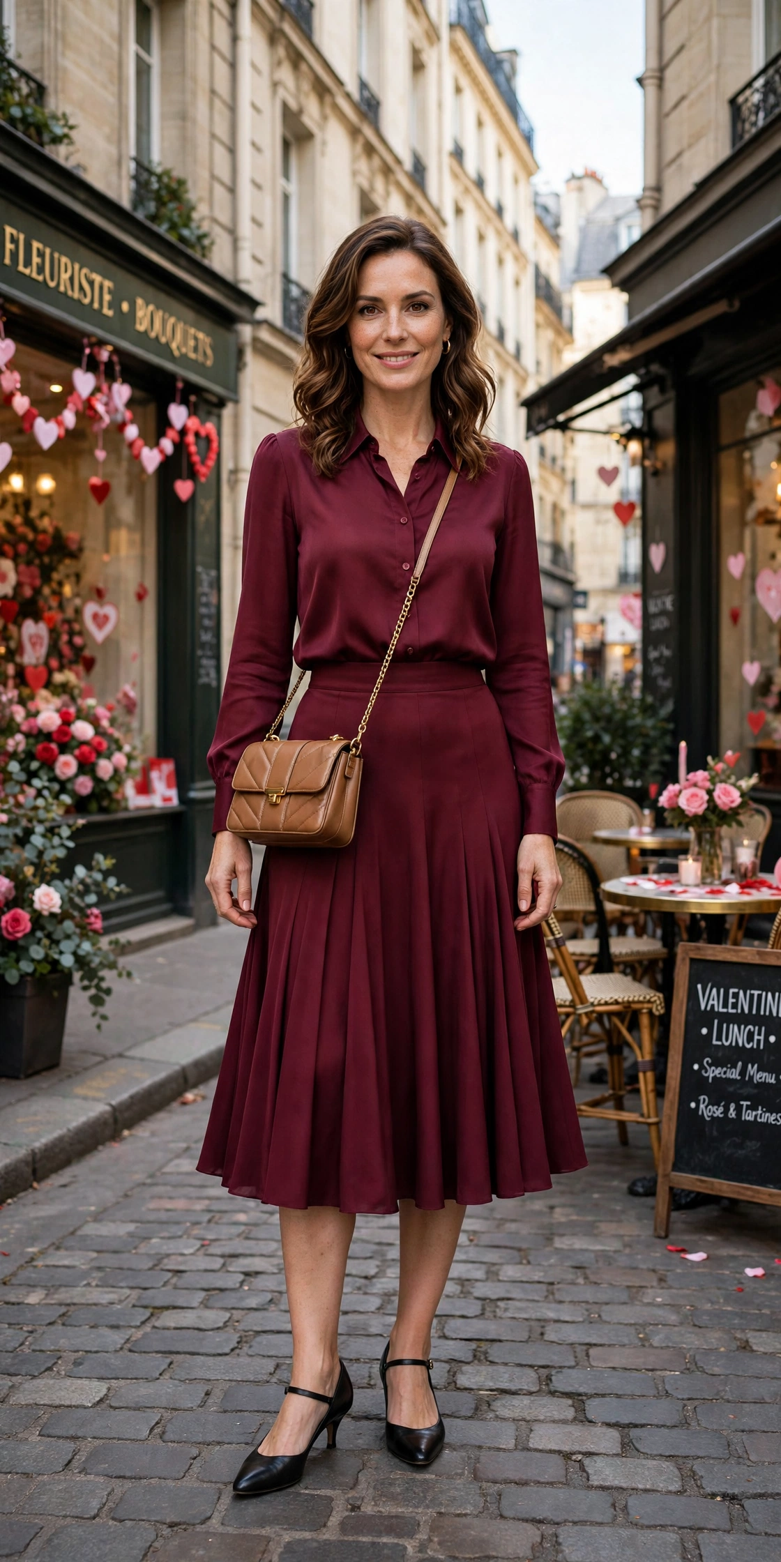 Burgundy blouse and flared skirt outfit with kitten heels and a chic crossbody bag