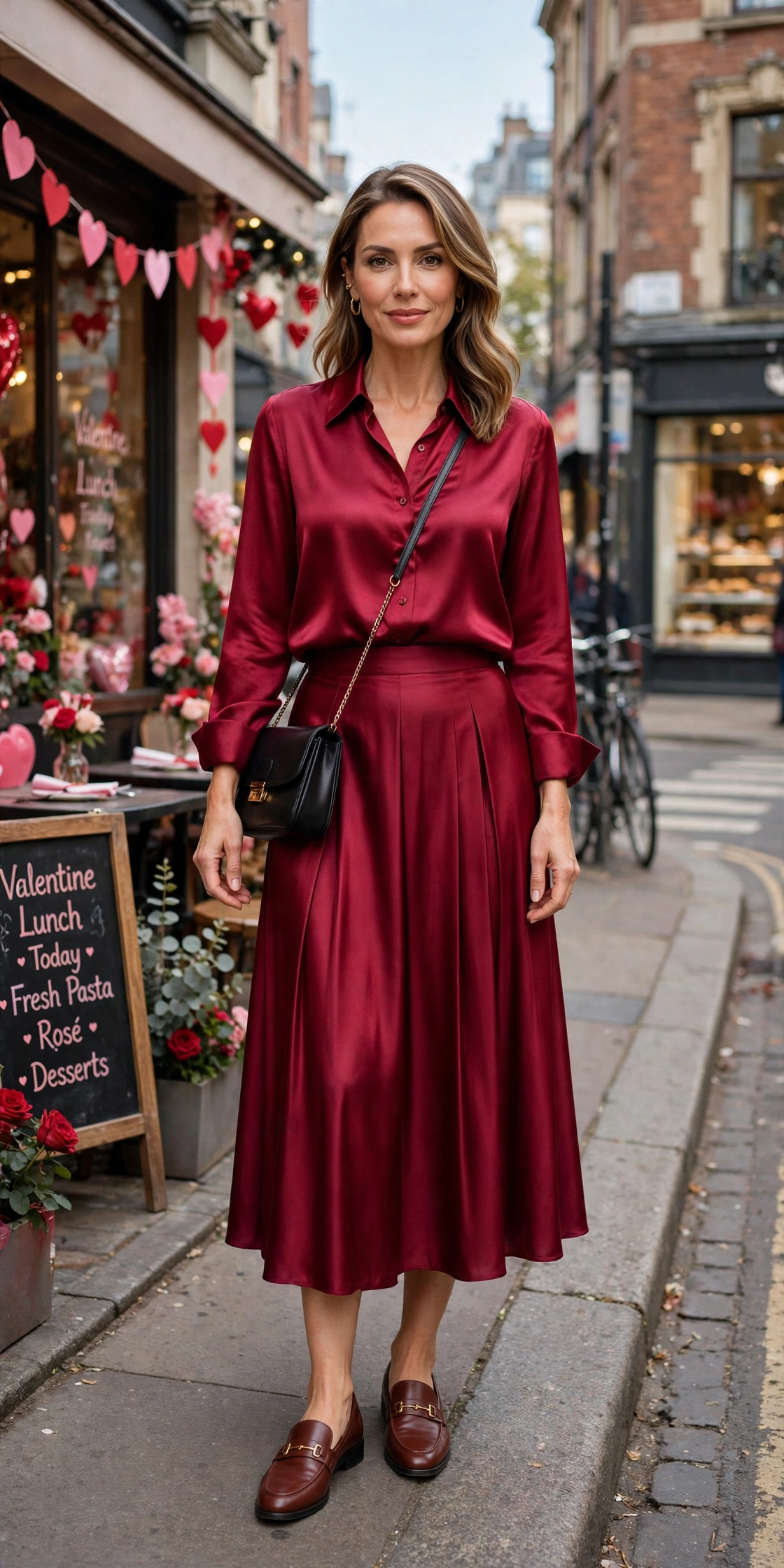 Ruby satin blouse and skirt outfit with smart loafers and a chic crossbody bag