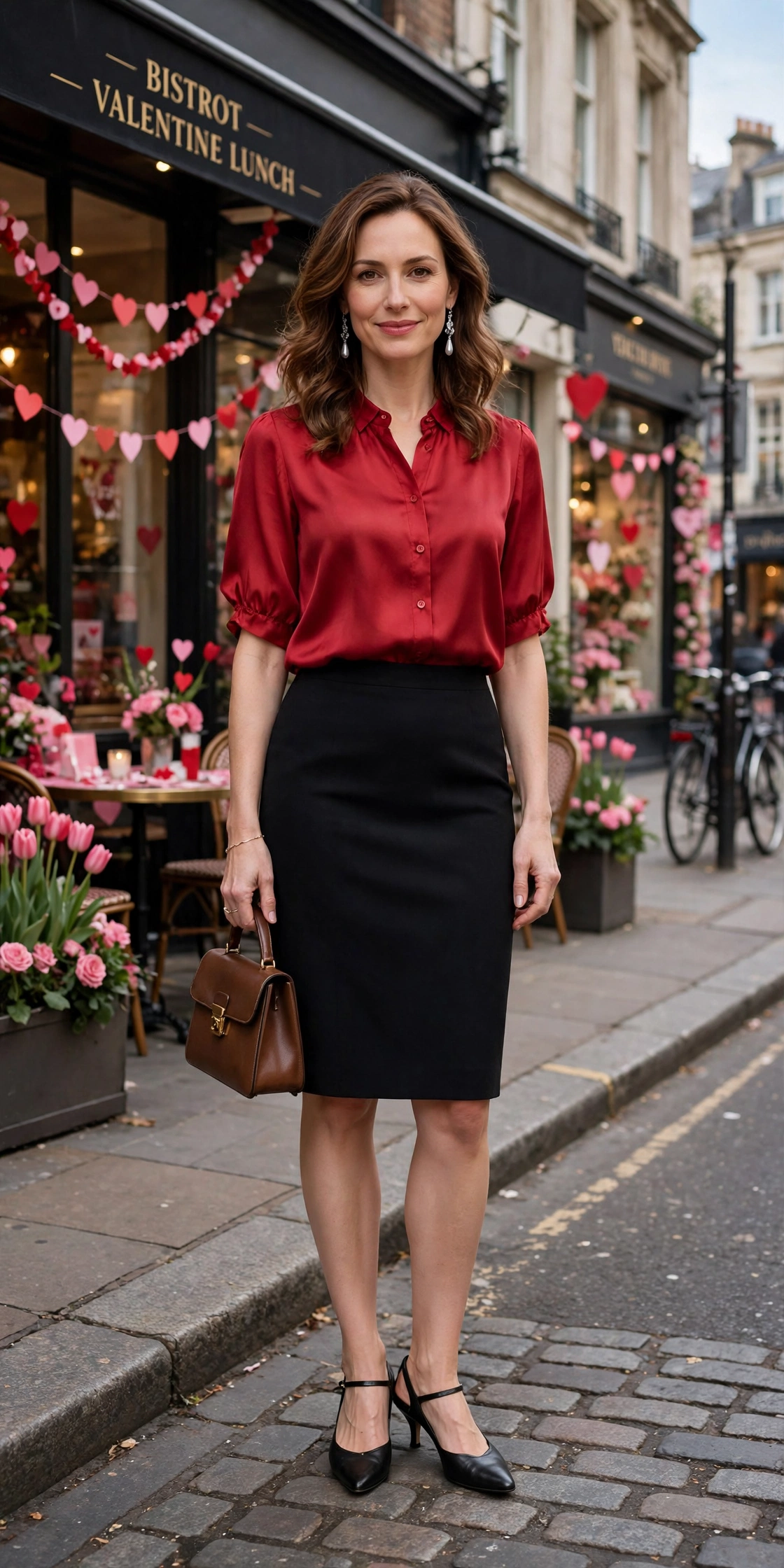 Cherry blouse and pencil skirt outfit with kitten heels and silver drop earrings