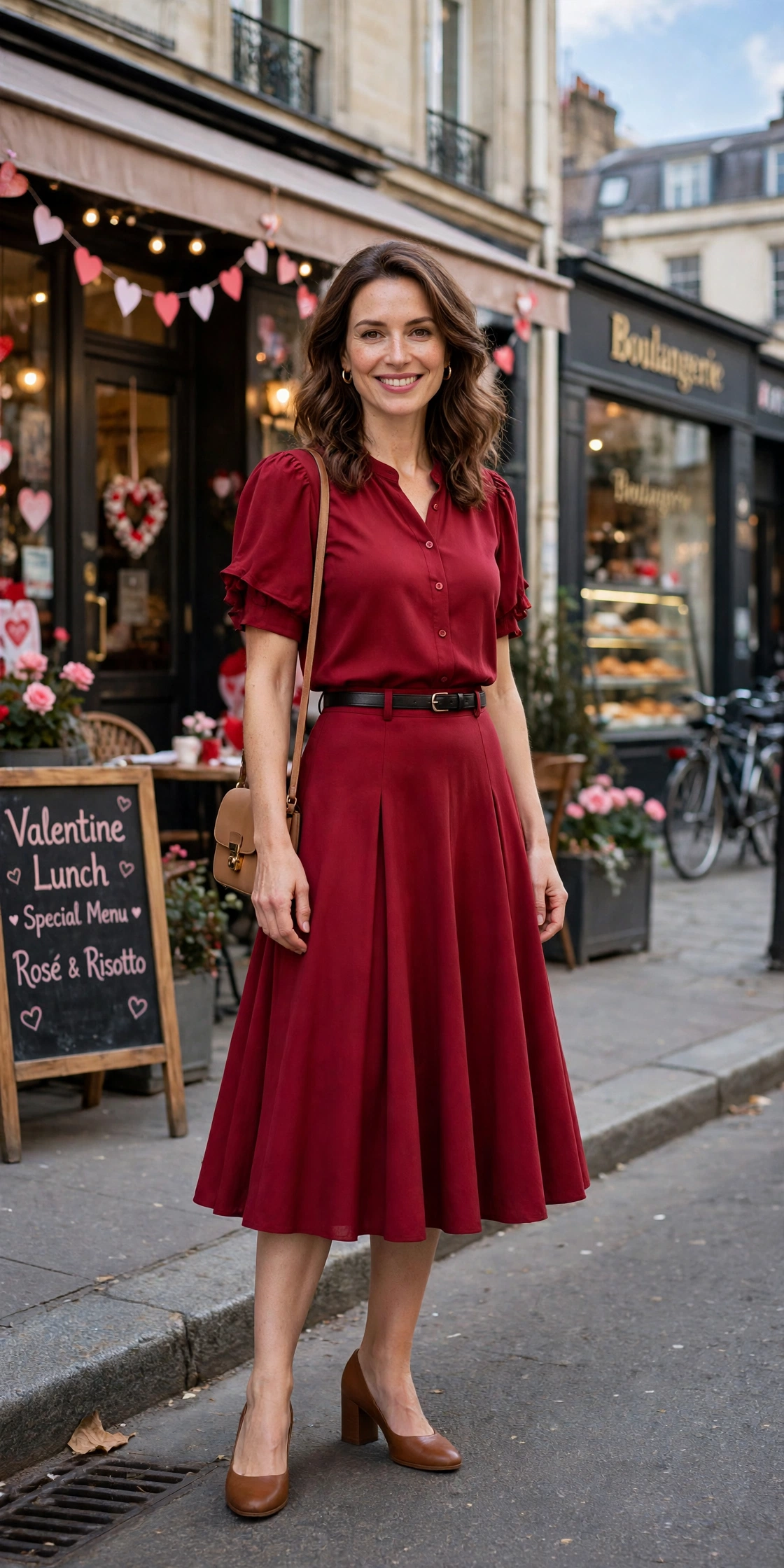 Cherry blouse and flared skirt outfit with comfortable block heels and a slim leather belt