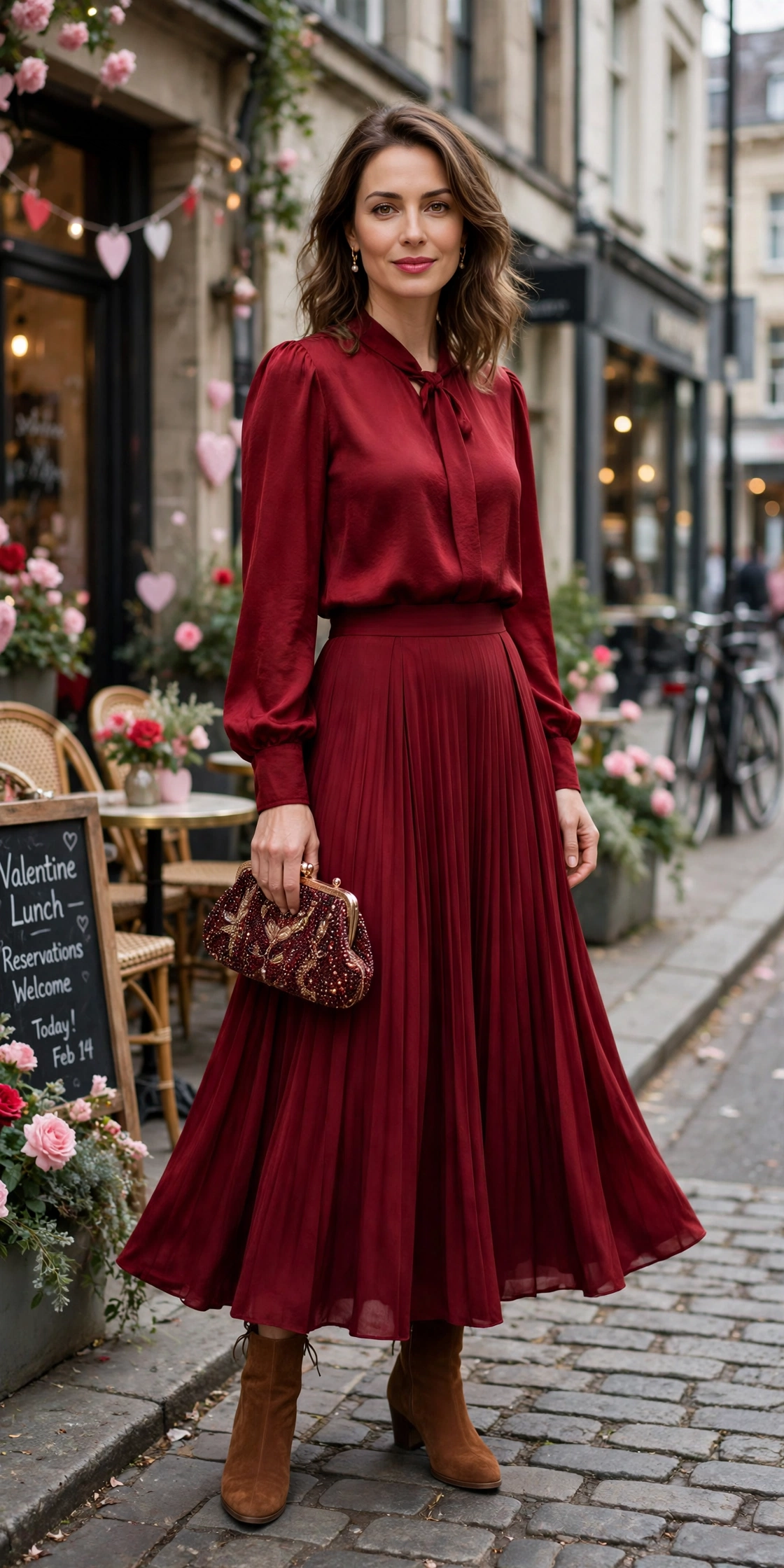 Deep red blouse and full skirt outfit with suede ankle boots and a beaded clutch