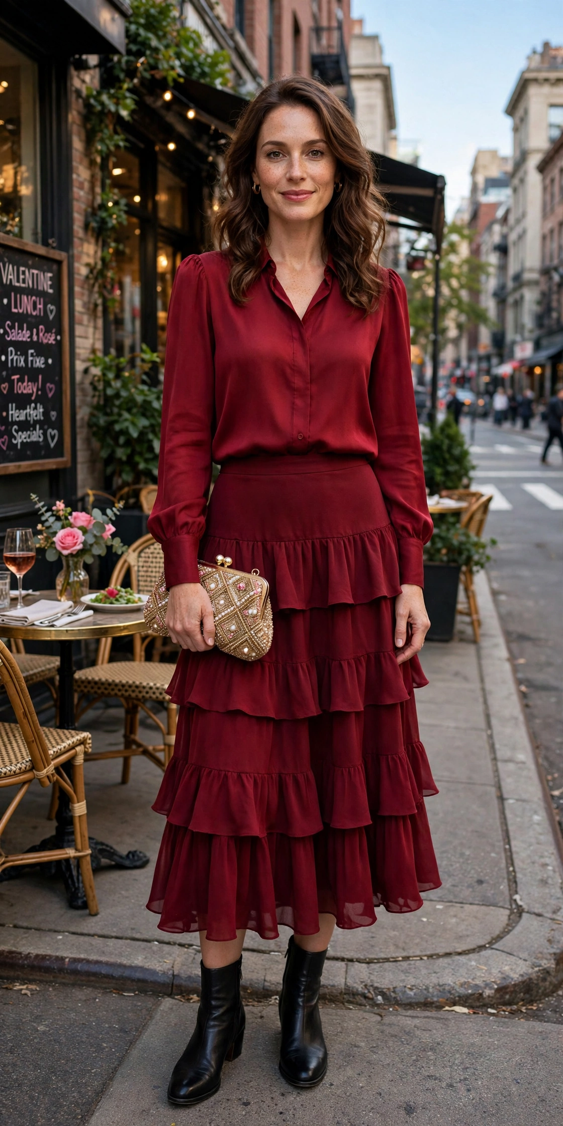 Deep red blouse and tiered skirt outfit with leather ankle boots and a beaded clutch