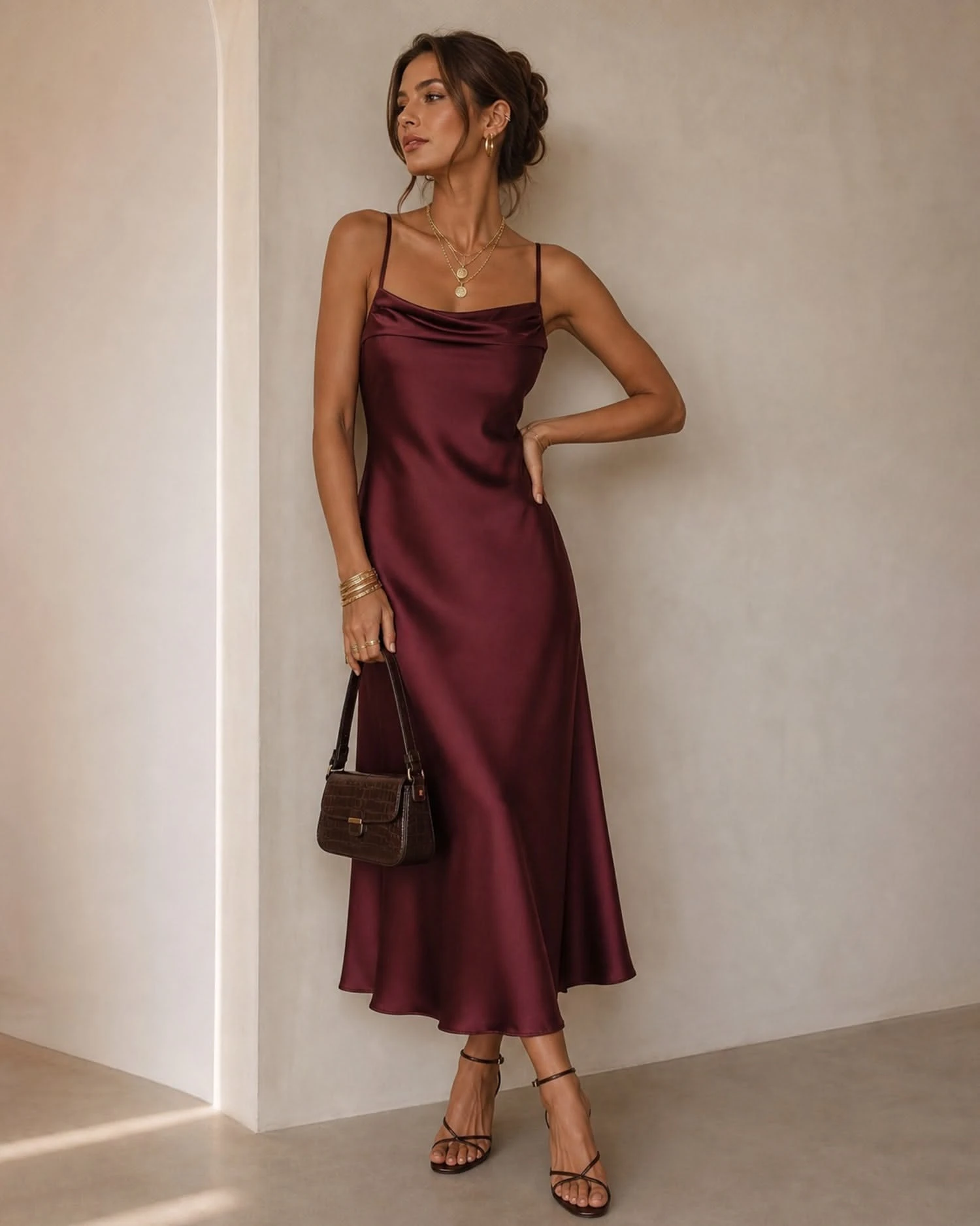18 Red Dress Outfits for Valentine Dinners That Are Chic, Romantic and Easy to Wear 2 Cherry satin midi dress with comfortable block heels and a delicate gold necklace