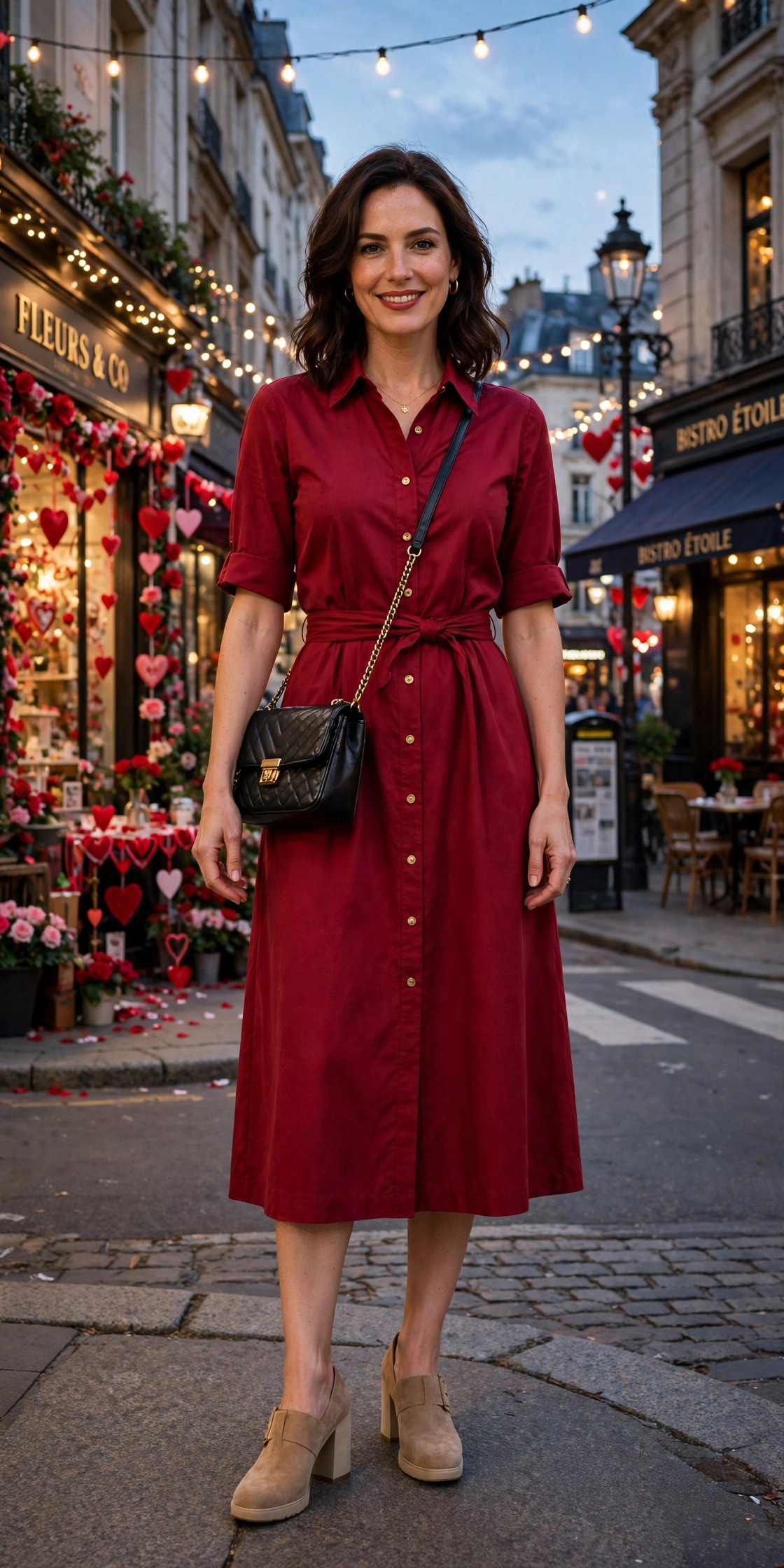 18 Red Dress Outfits for Valentine Dinners That Are Chic, Romantic and Easy to Wear 3 Ruby shirt dress with comfortable block heels and a chic crossbody bag