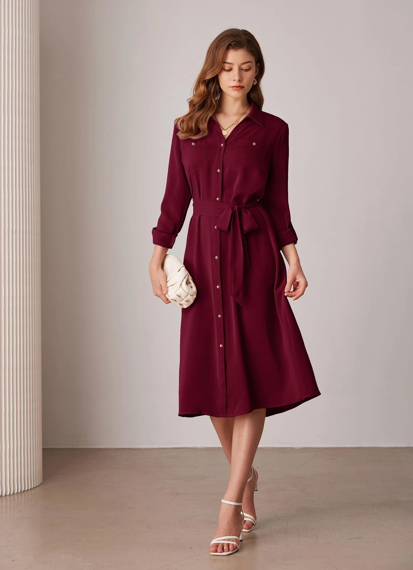 18 Red Dress Outfits for Valentine Dinners That Are Chic, Romantic and Easy to Wear 5 Wine shirt dress with comfortable block heels and a beaded clutch