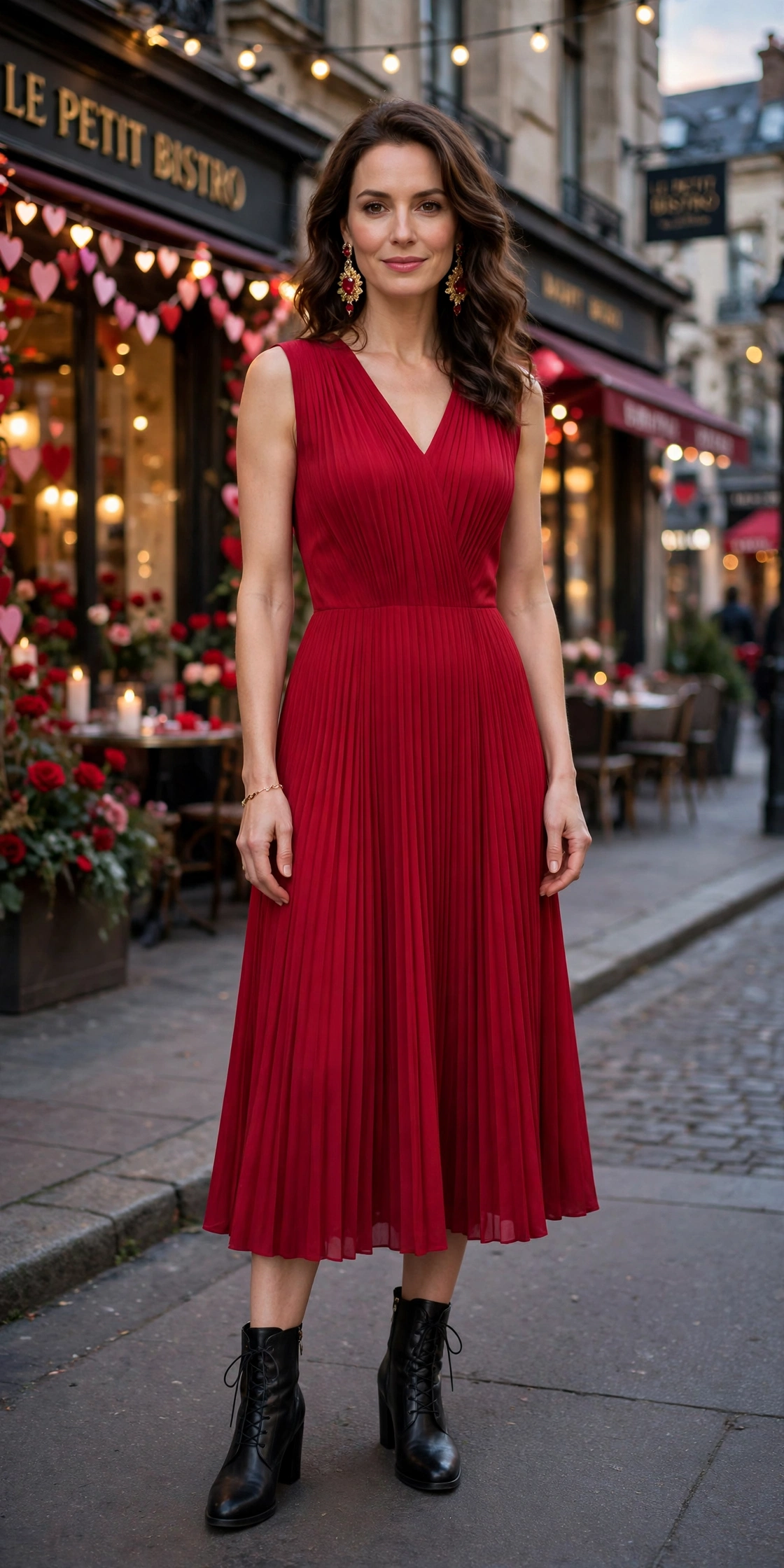 18 Red Dress Outfits for Valentine Dinners That Are Chic, Romantic and Easy to Wear 6 Crimson pleated midi dress with leather ankle boots and statement earrings