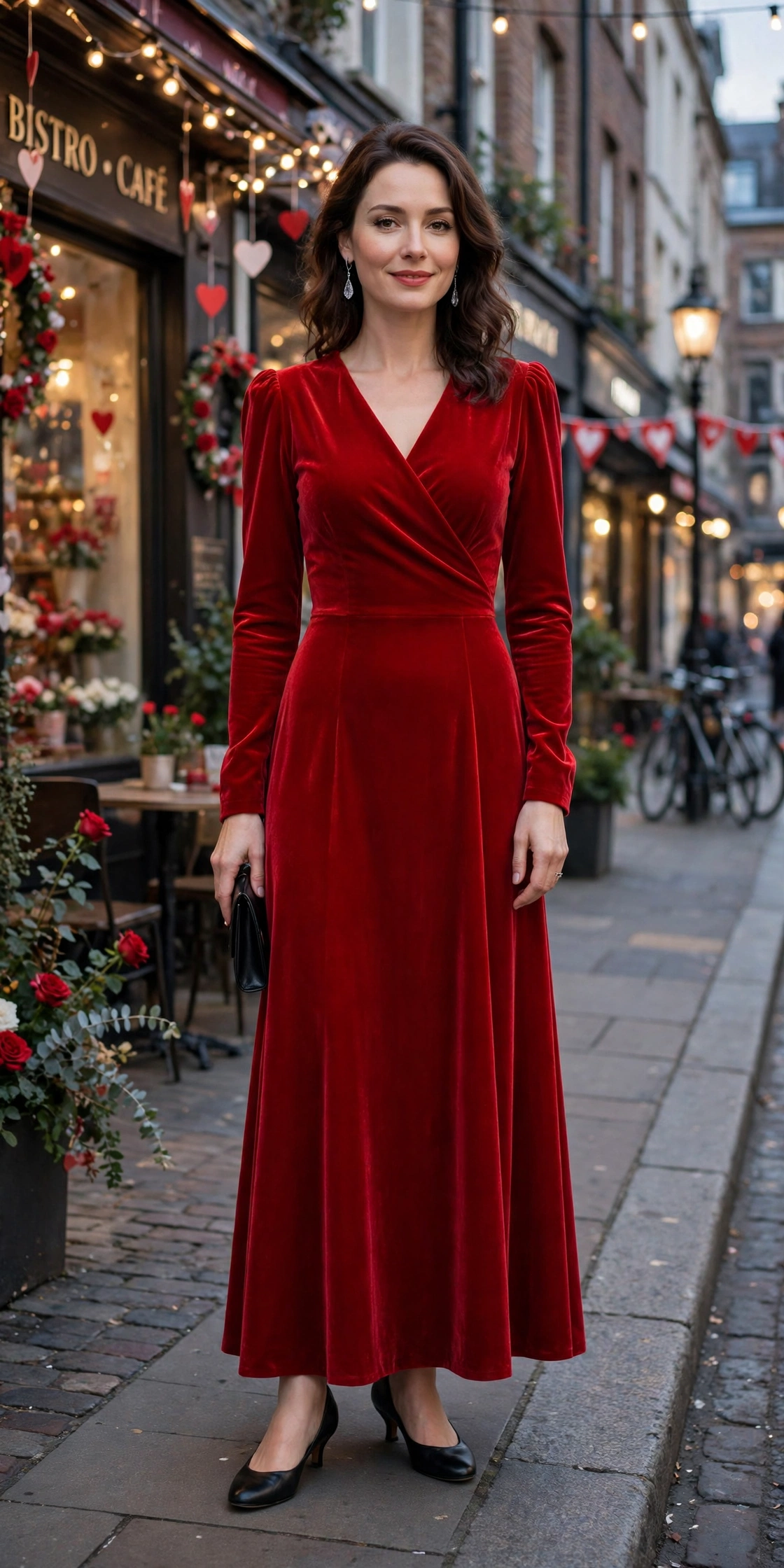 18 Red Dress Outfits for Valentine Dinners That Are Chic, Romantic and Easy to Wear 10 Bright red velvet dress with low-heeled pumps and silver drop earrings