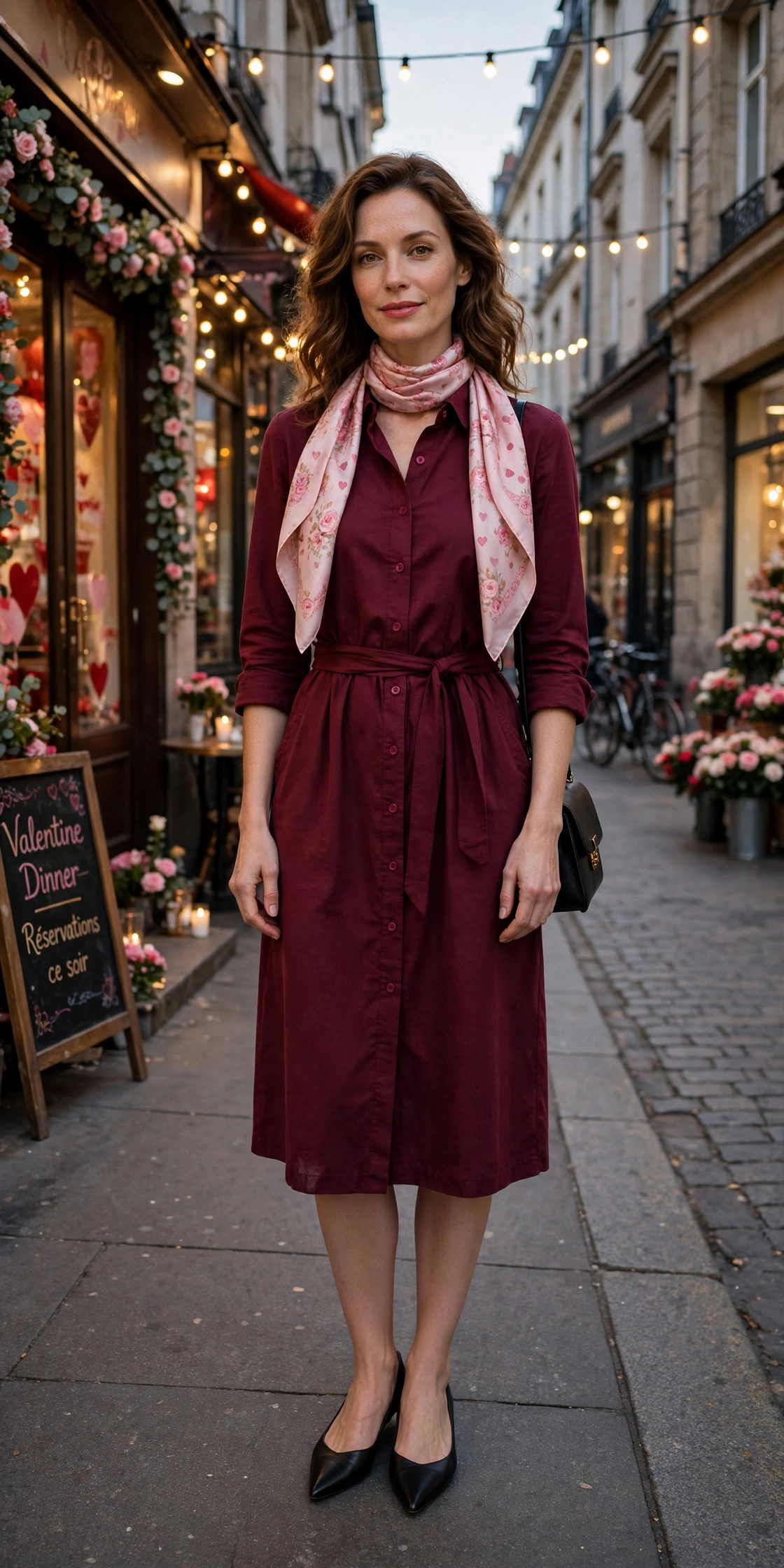 18 Red Dress Outfits for Valentine Dinners That Are Chic, Romantic and Easy to Wear 12 Burgundy shirt dress with elegant pointed flats and a silk scarf