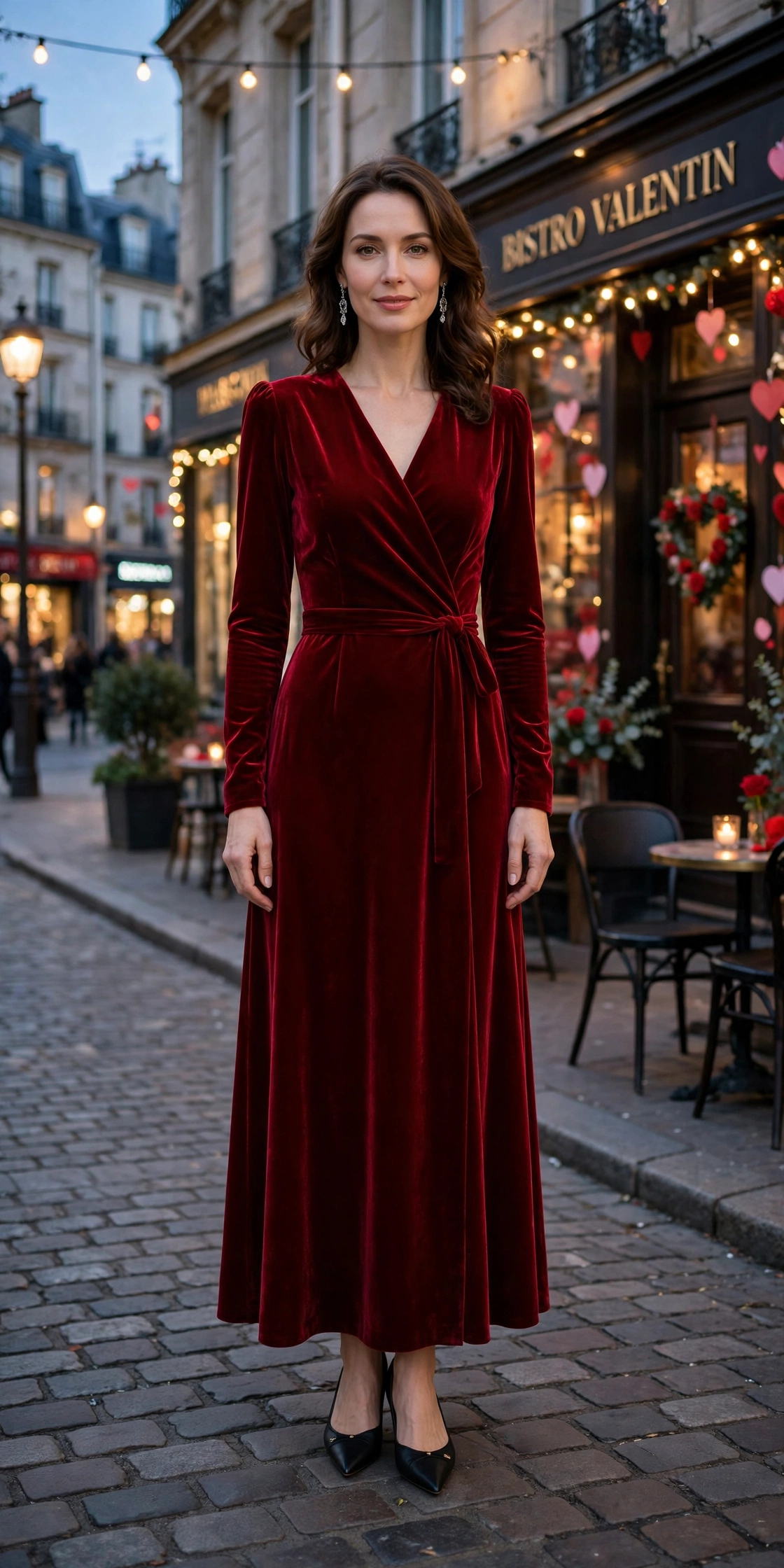 18 Red Dress Outfits for Valentine Dinners That Are Chic, Romantic and Easy to Wear 13 Cherry velvet dress with elegant pointed flats and silver drop earrings
