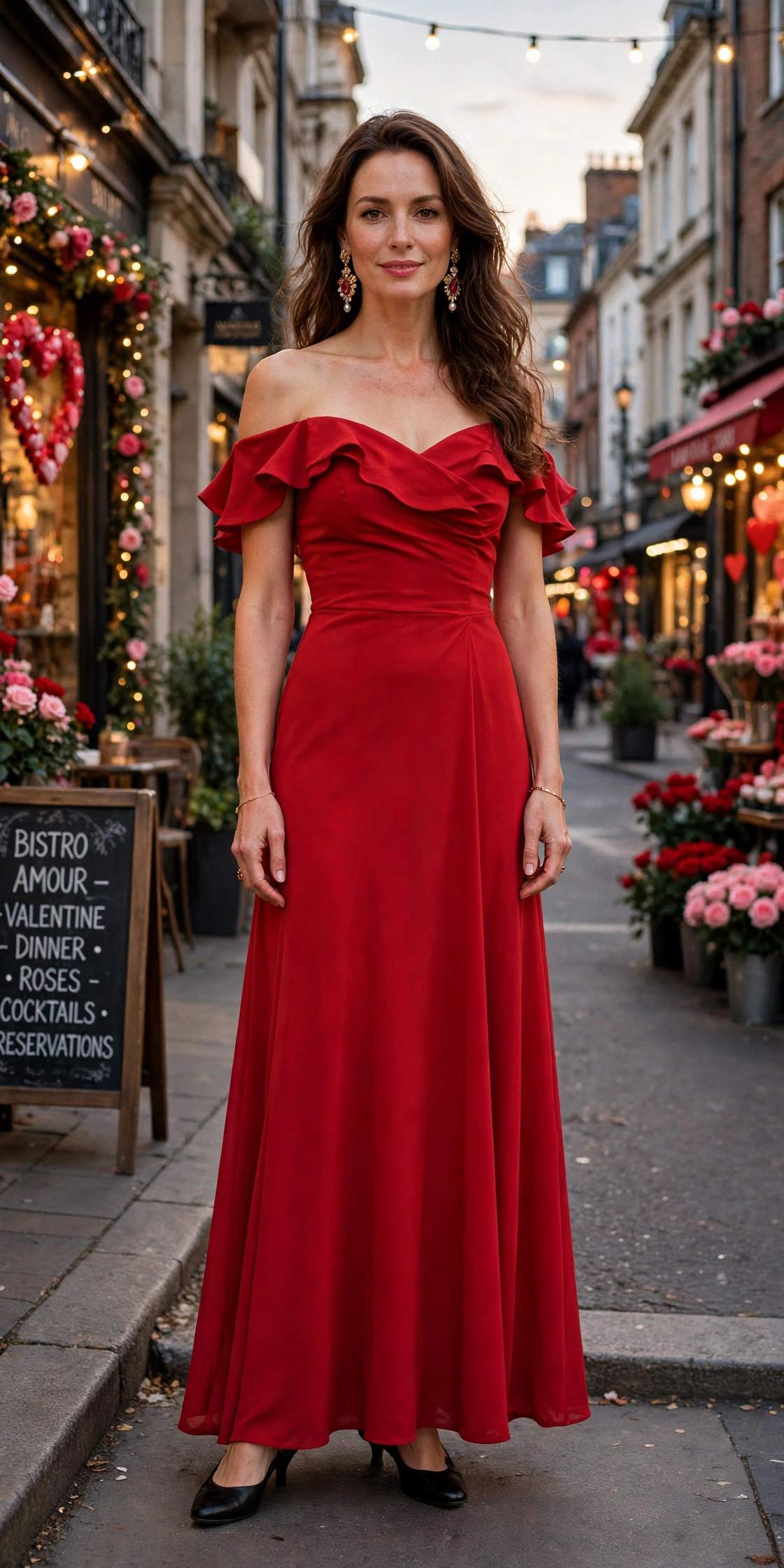 18 Red Dress Outfits for Valentine Dinners That Are Chic, Romantic and Easy to Wear 15 Scarlet off-shoulder dress with low-heeled pumps and statement earrings