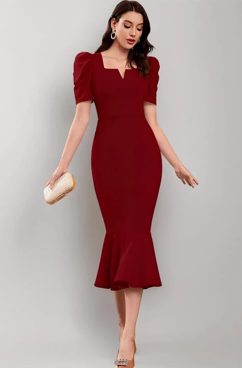 18 Red Dress Outfits for Valentine Dinners That Are Chic, Romantic and Easy to Wear 16 Crimson fit-and-flare dress with comfortable block heels and statement earrings