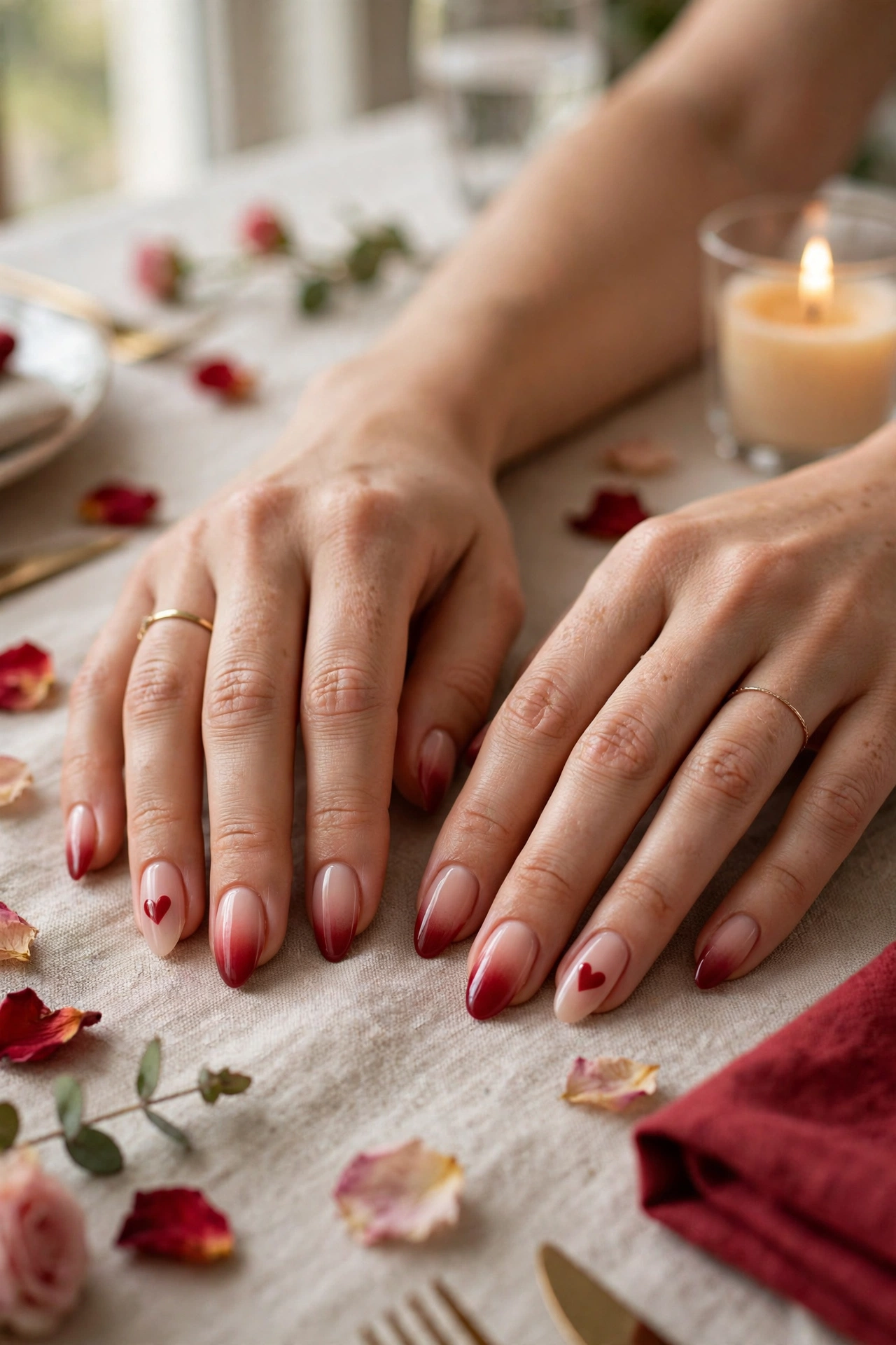 Deep Red Red Heart Accent Nails in Almond Shape with a Soft Ombré Fade