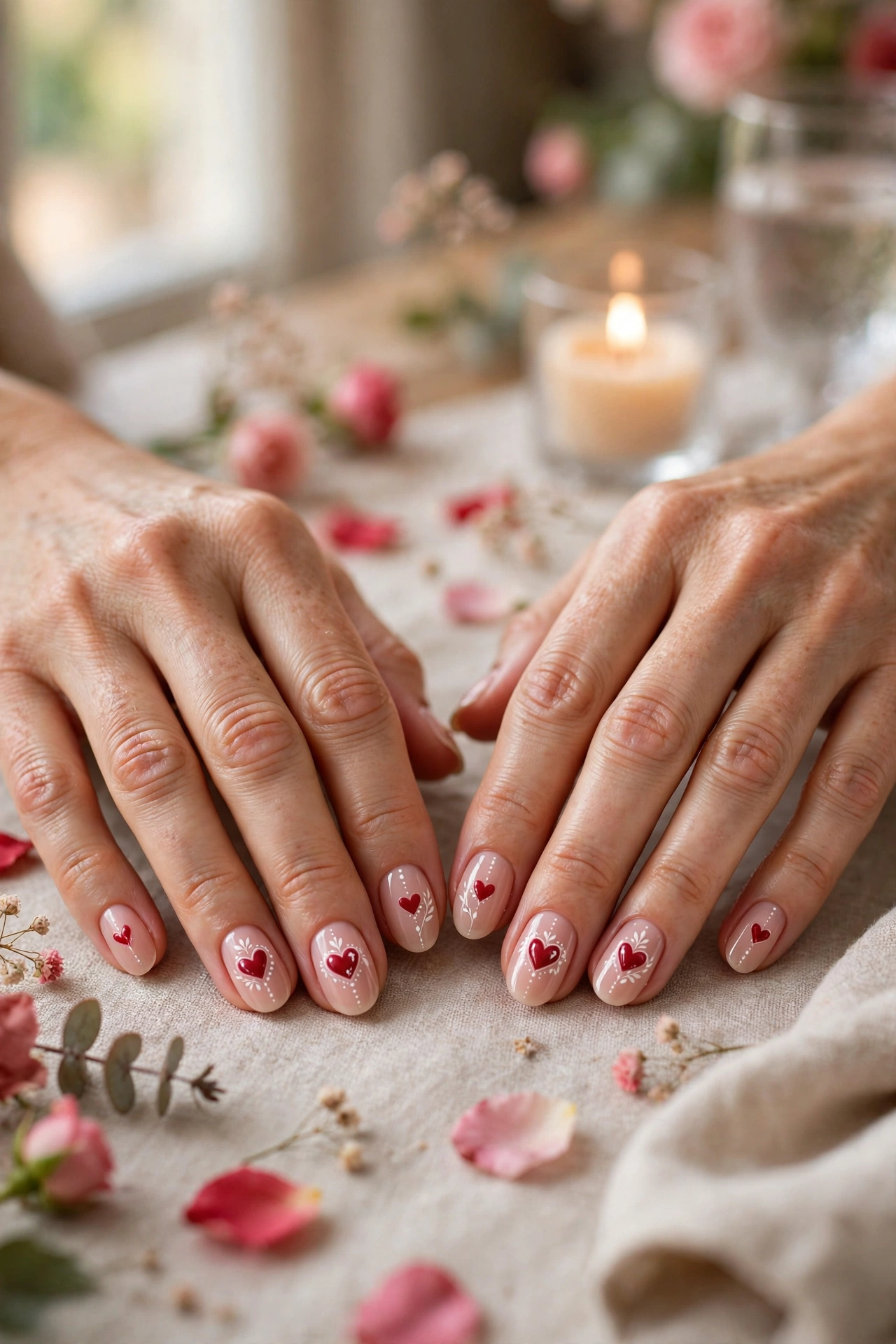 Crimson Red Heart Accent Nails in Oval Shape with a Delicate White Detail