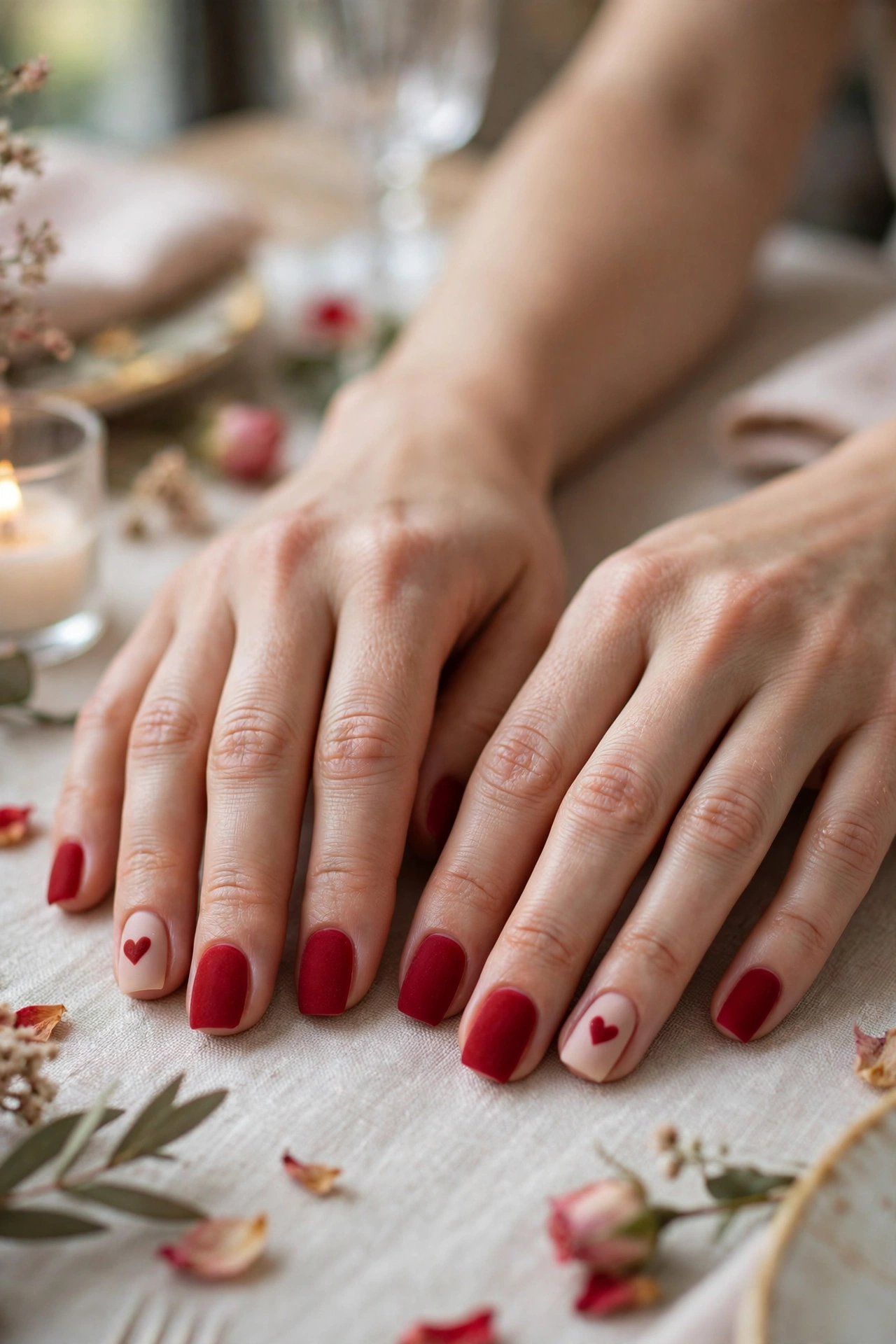 Classic Red Red Heart Accent Nails in Short Square Shape with a Velvet Matte Finish