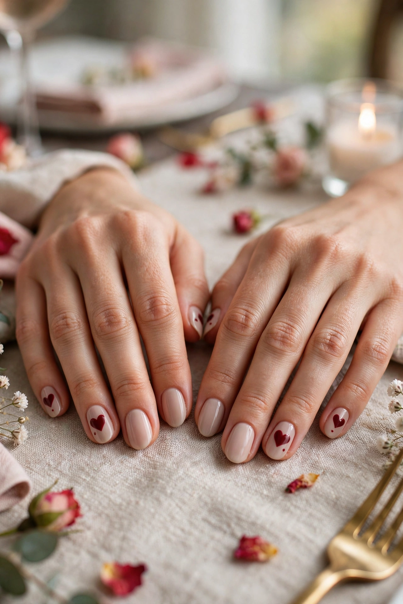 Deep Red Red Heart Accent Nails in Round Shape with a Minimal Dot Detail