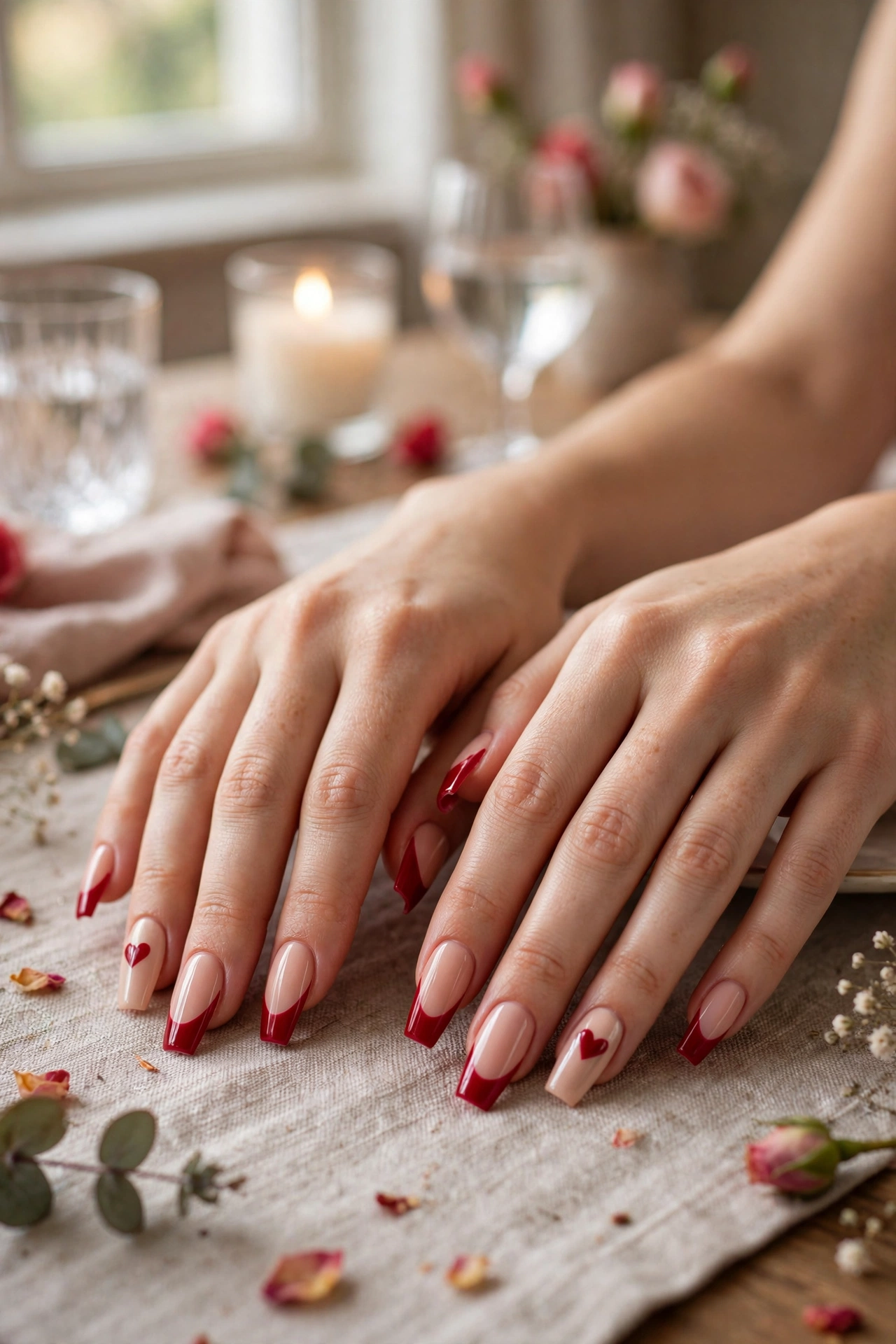 Crimson Red Heart Accent Nails in Coffin Shape with a Two-Tone Finish