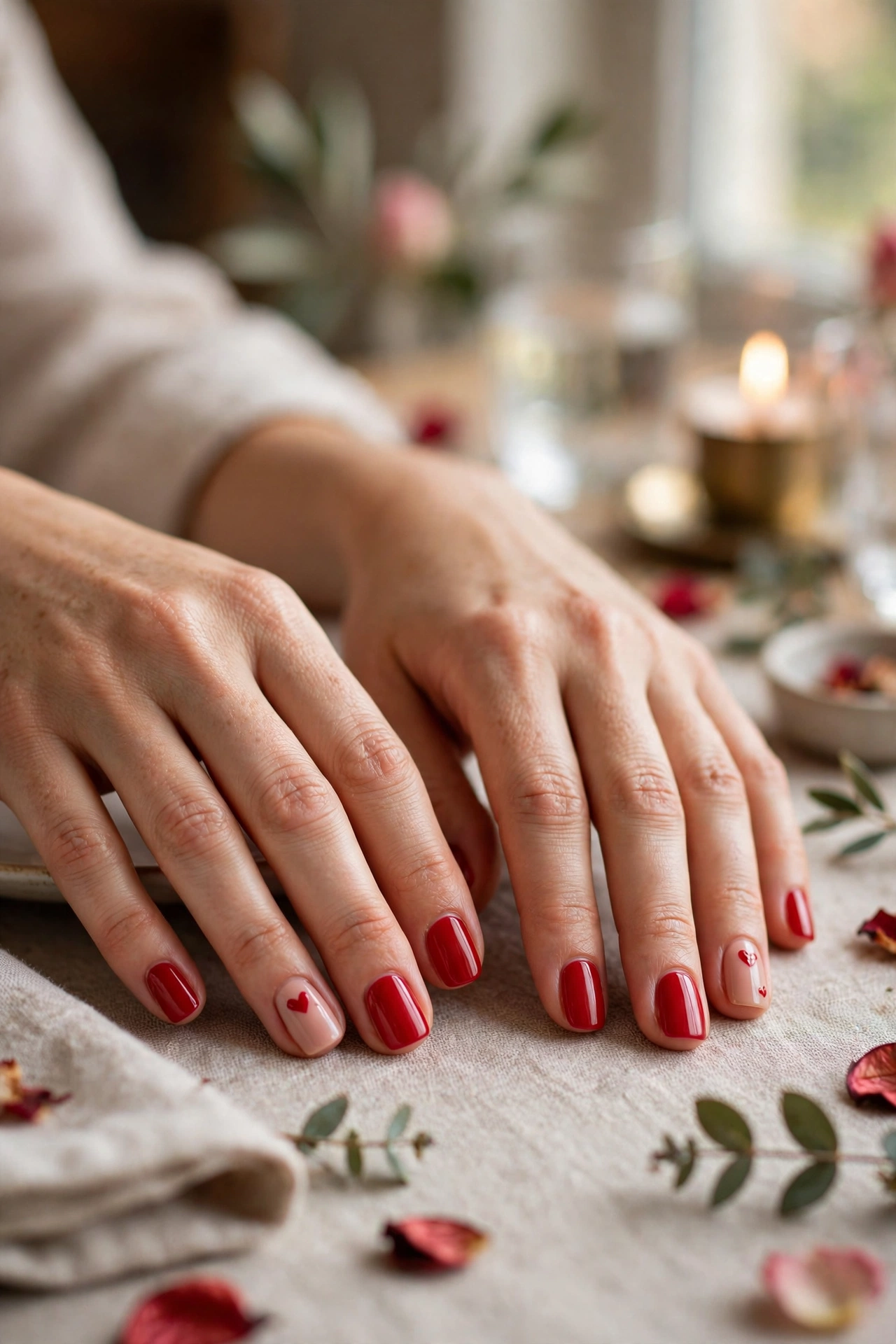 Classic Red Red Heart Accent Nails in Squoval Shape with a Tiny Heart on the Accent Nail