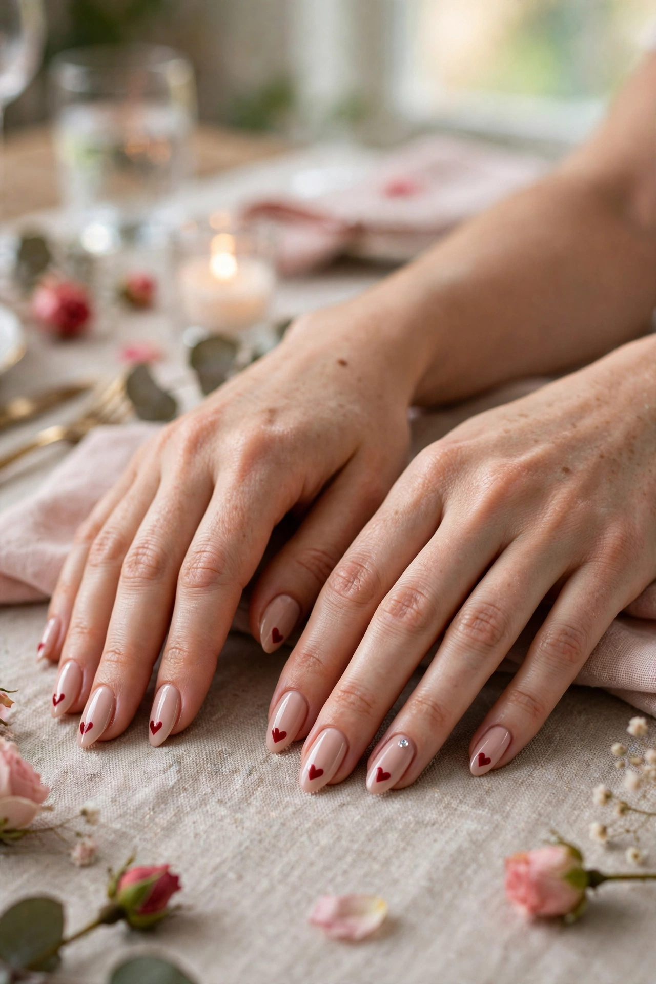 Deep Red Red Heart Accent Nails in Almond Shape with a Tiny Crystal on the Ring Finger