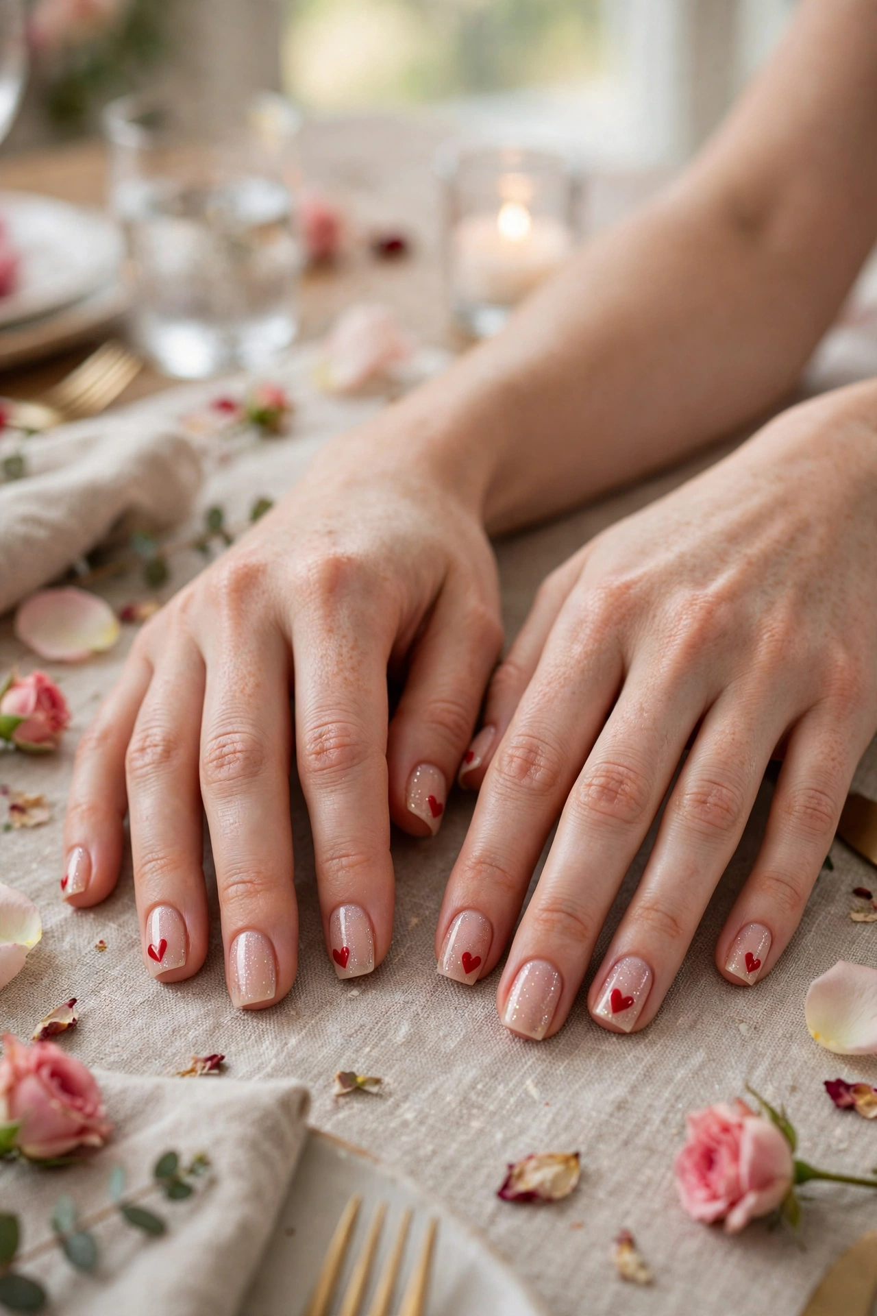 Classic Red Red Heart Accent Nails in Short Square Shape with a Subtle Glitter Accent